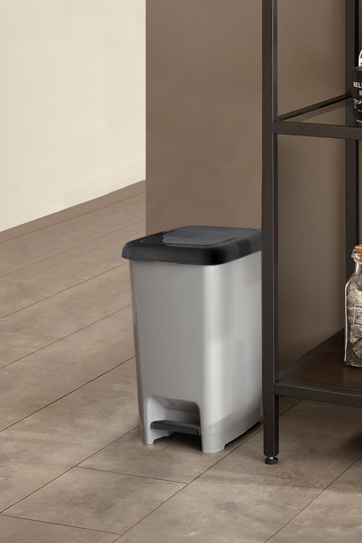 15 Litre Basmalı Çöp Kovası Gri Plastik Mutfak Çöp Kutusu 22x30x44 cm 3