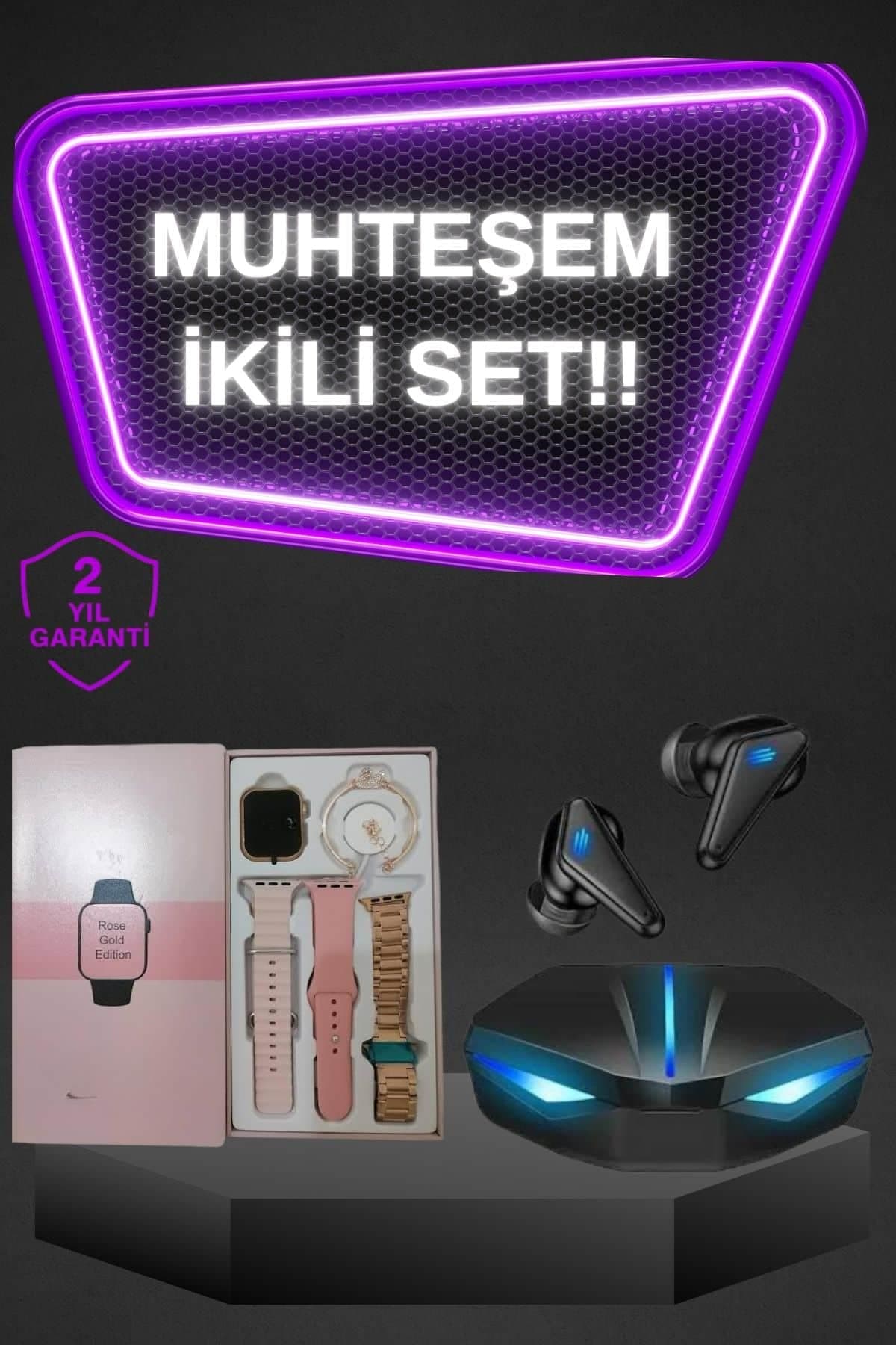 Kadın Akıllı Saat ve Kablosuz Bluetooth Kulaklık Seti - ANC Özellikli Gamer Kulaklık