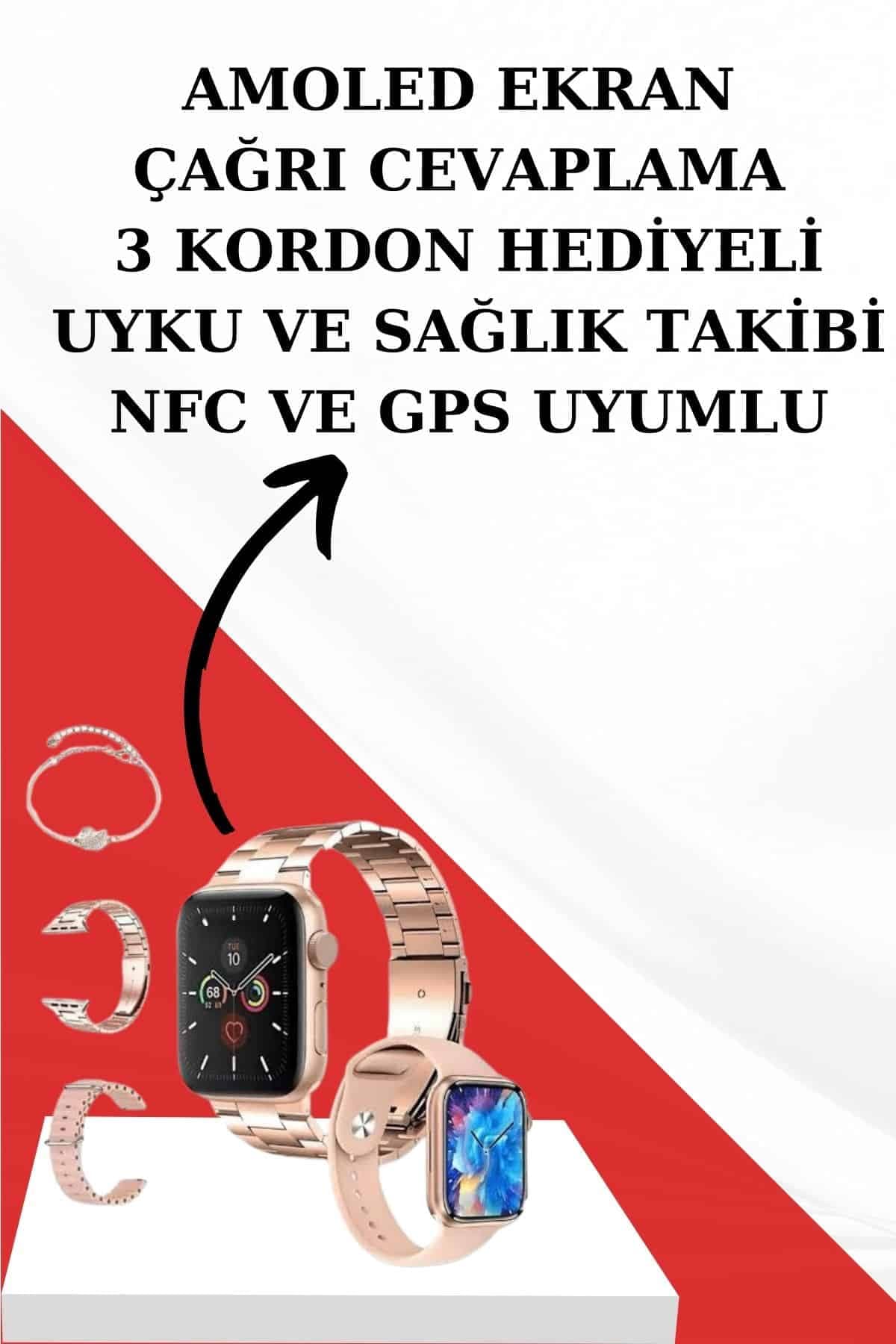 Wireless Şarjlı Pembe Akıllı Saat ve Kablosuz Bluetooth Kulaklık Dokunmatik Kontrol 4