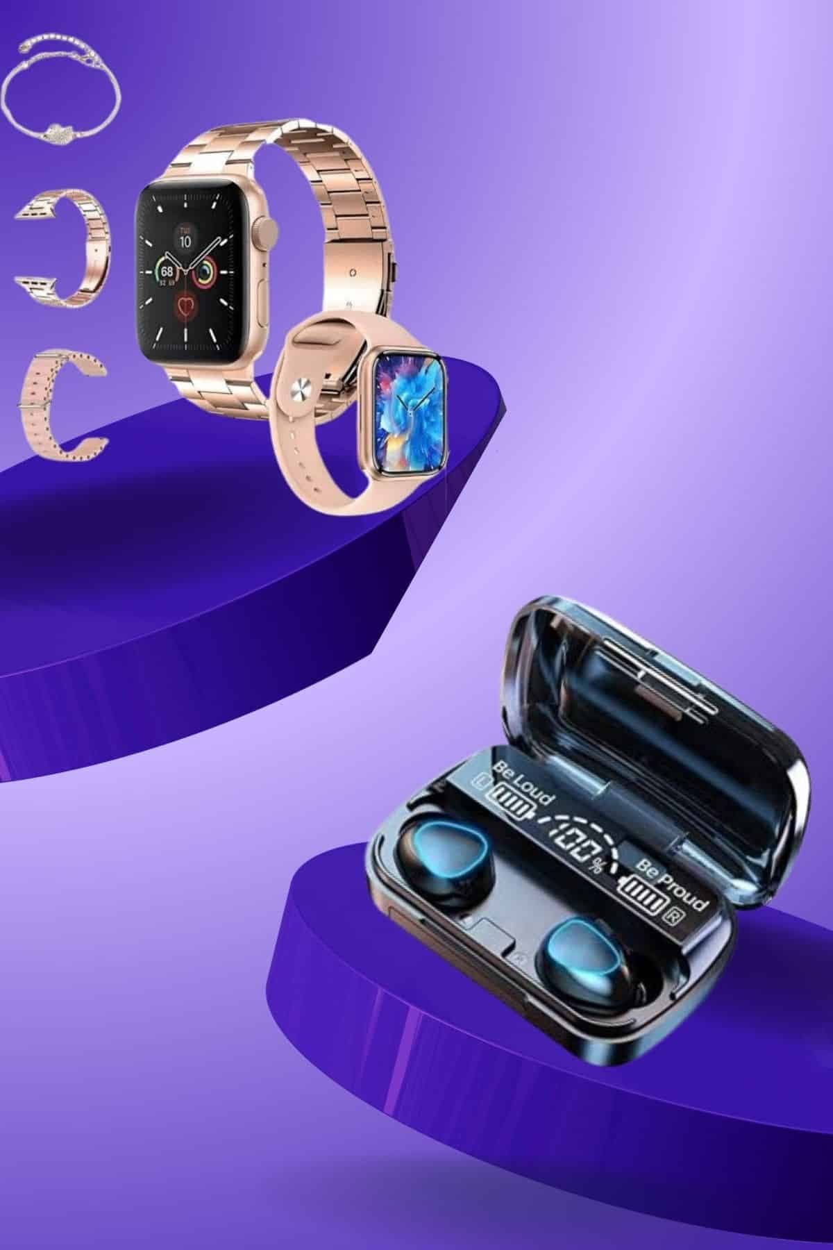 Aksesuar Hediyeli Akıllı Saat ve Dijital Göstergeli Powerbankli Bluetooth Kulaklık 5