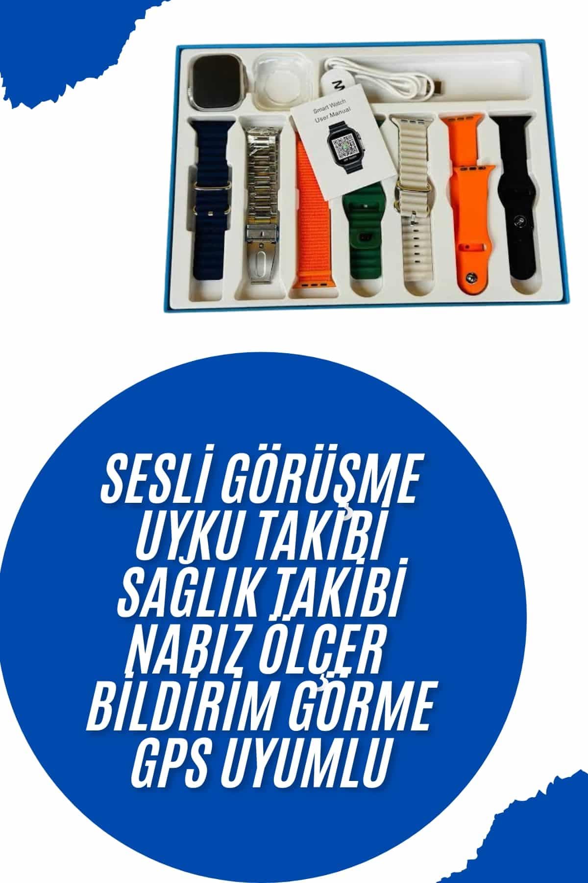 Akıllı Saat 7 Kordon Hediyeli Takvim Alarm Nabız Ölçer Bildirim Görme Sesli Görüşme 3