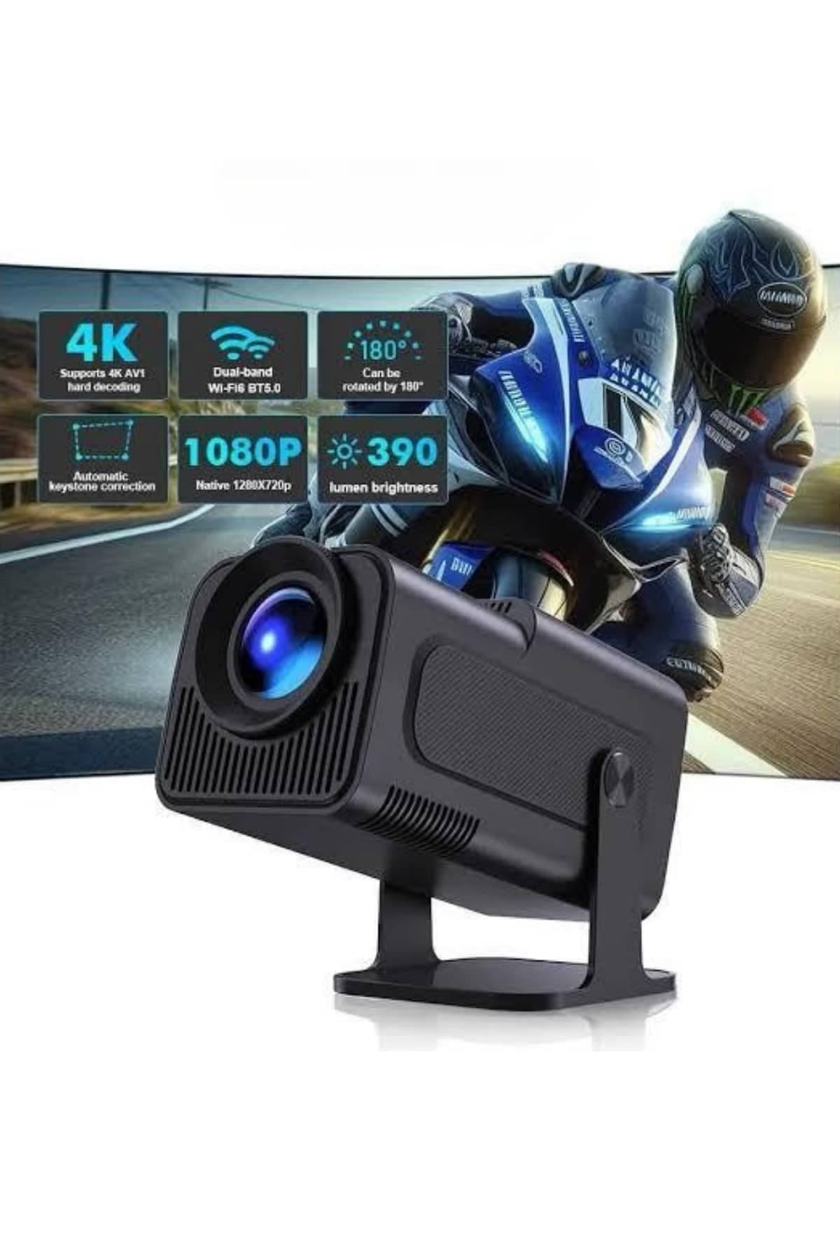 Android Projeksiyon Siyah Taşınabilir Sinema Projektörü 4k 1080p Ev Sineması Bluetooth 4