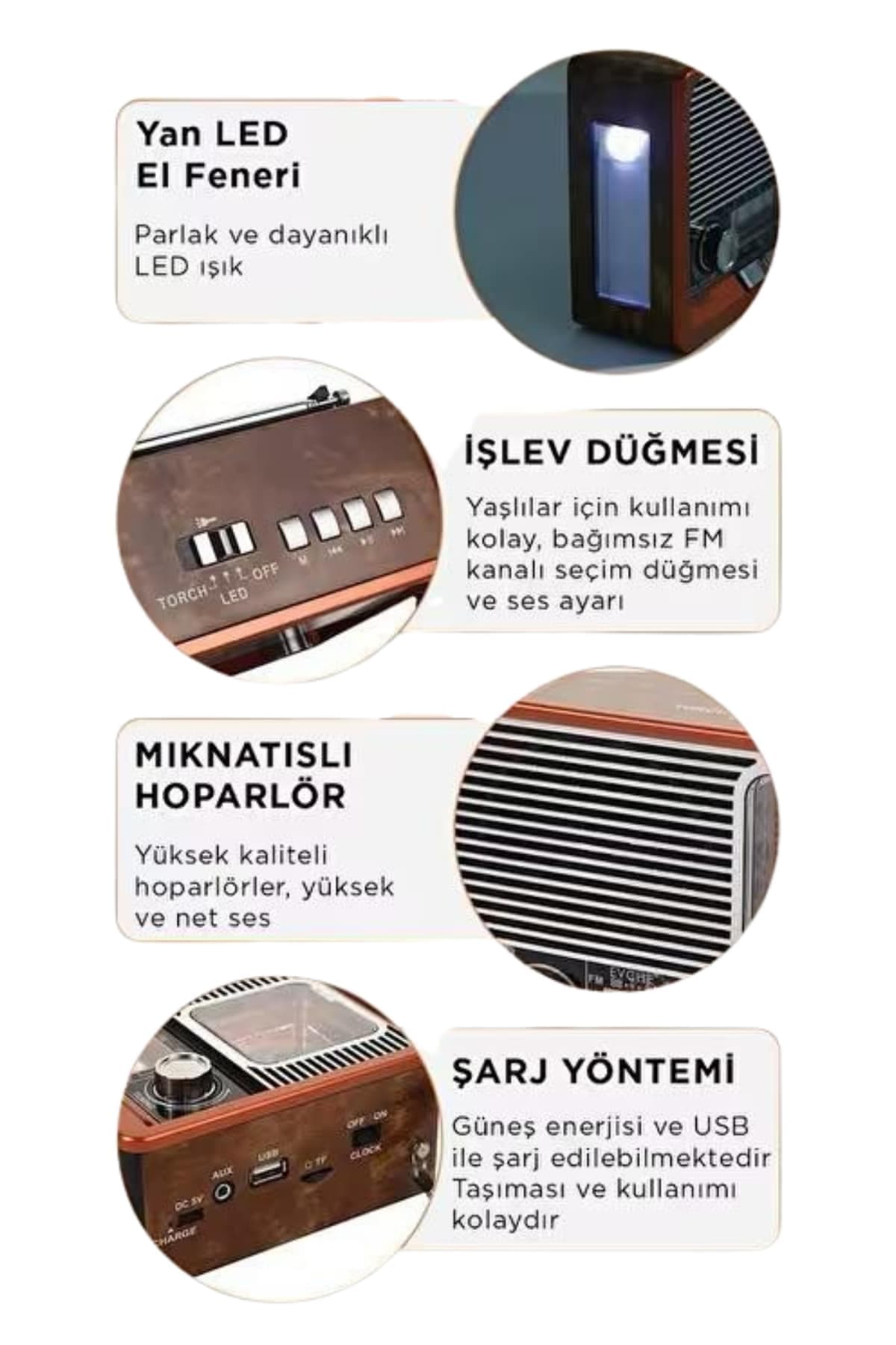 Vintage Nostaljik Radyo AUX USB SD Kart Girişli Şarjlı Bluetooth Bağlantılı 6