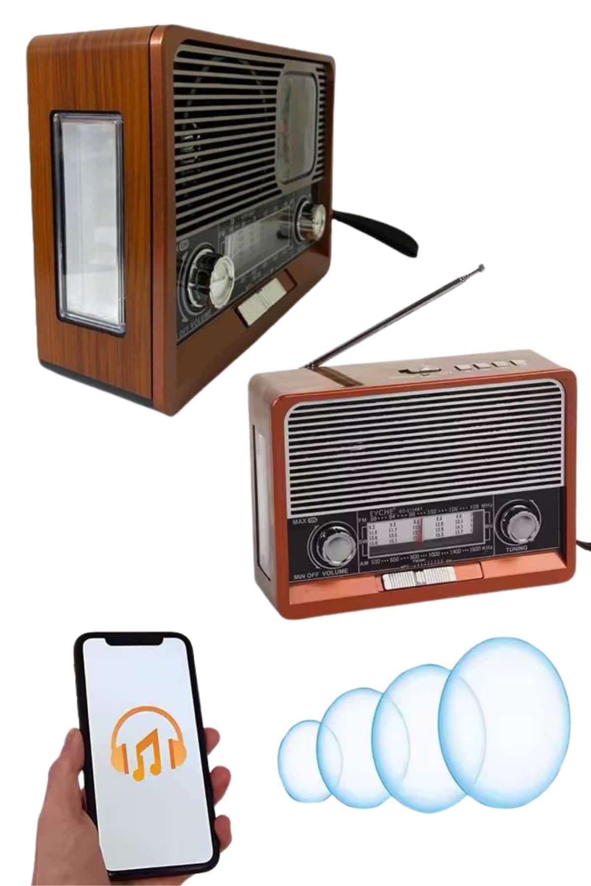 Saatli Fenerli Bluetooth Nostaljik Radyo AUX SD USB Girişli Bluetooth Hoparlör 3