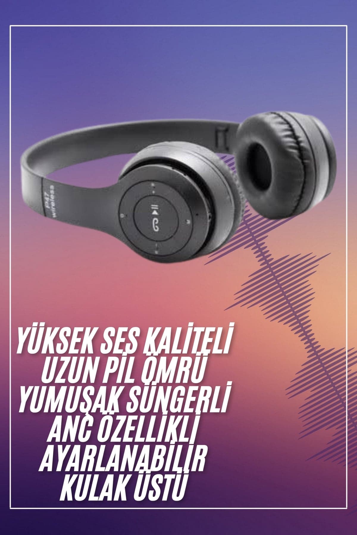 Bluetooth Kablosuz Kulaklık Siyah Wireless 5.0 Kulak Üstü Uzun Pil Ömrü 3