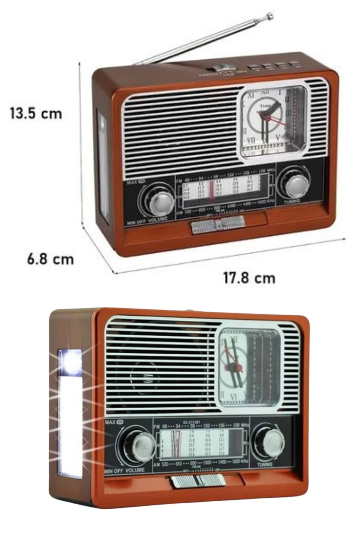 Saatli Fenerli Bluetooth Nostaljik Radyo AUX SD USB Girişli Bluetooth Hoparlör 5