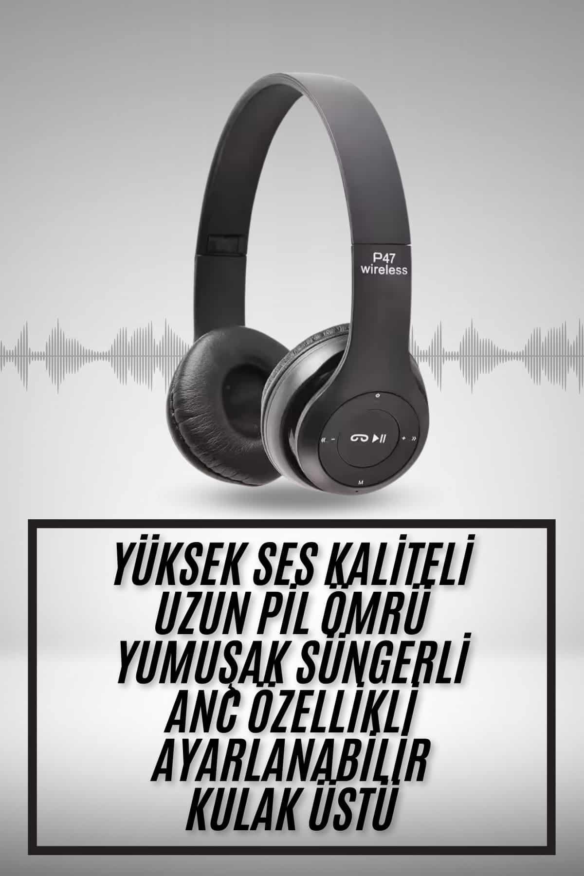Kulak Üstü Bluetooth Kulaklık Yüksek Ses Kaliteli Ayarlanabilir 3