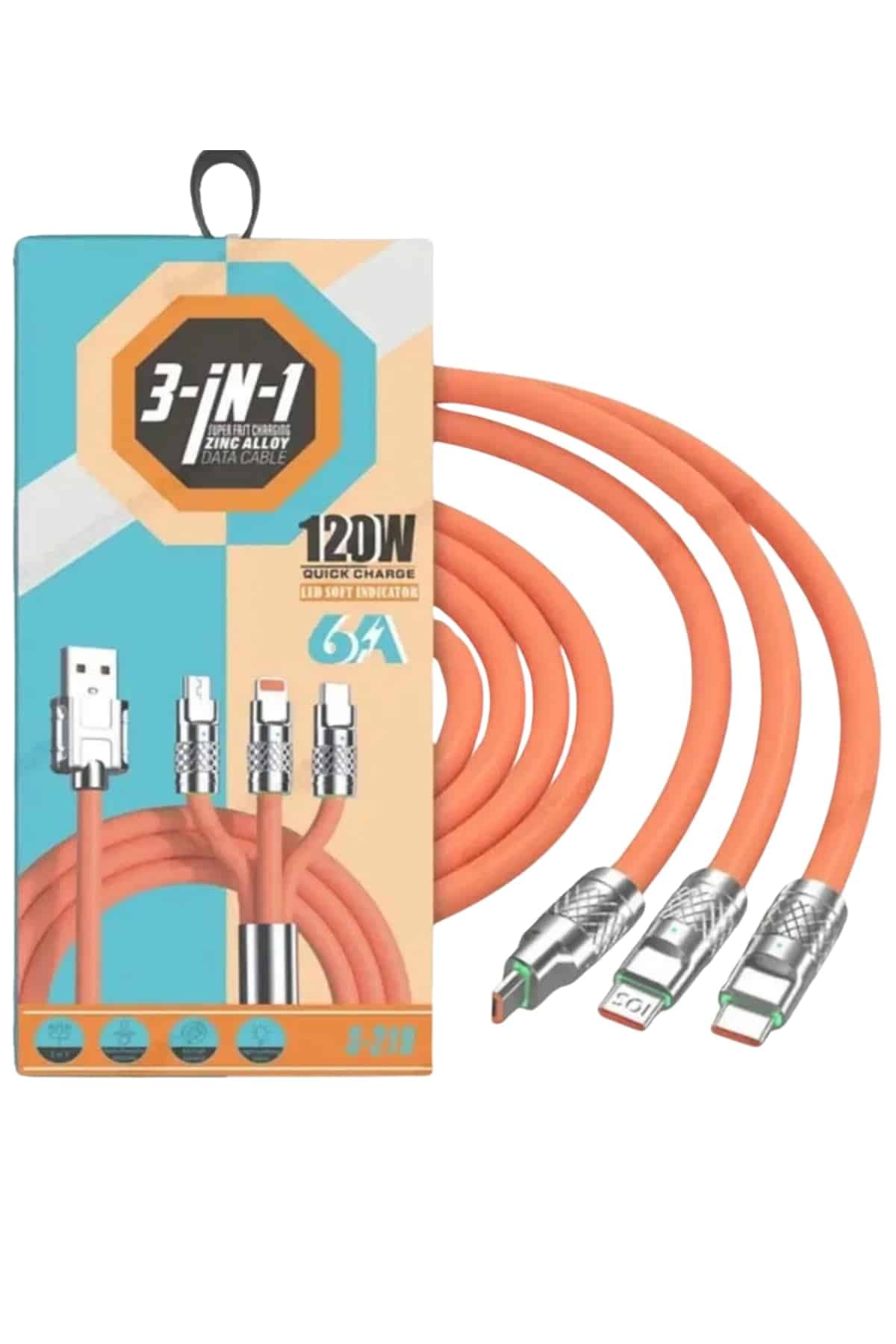 Çoklu Şarj Kablosu USB Type-C iOS Uyumlu 120W Hızlı Şarj 180 Derece Rotasyonlu 6