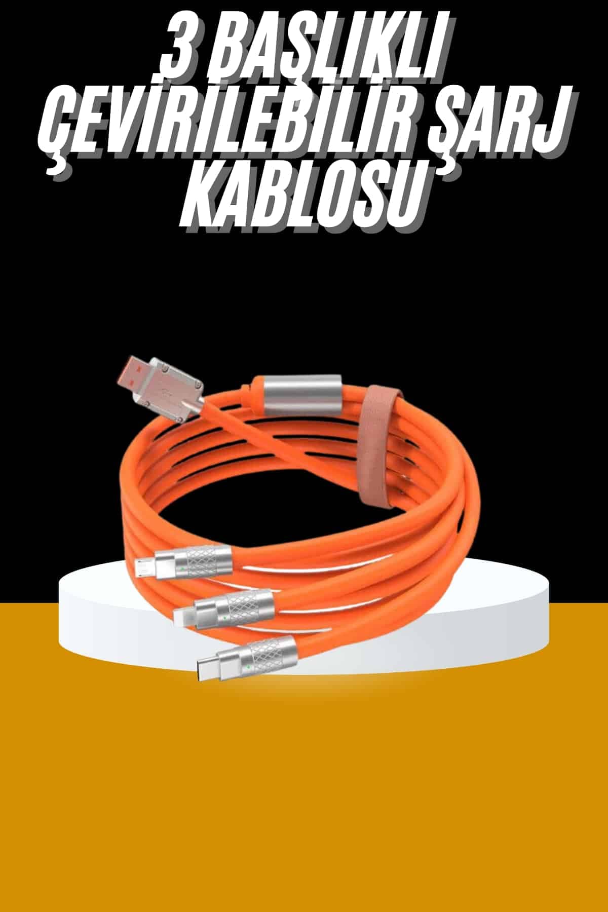 120W 3'ü 1 Arada Uyumlu Silikon Hızlı Şarj Kablosu USB Type-C Dönen Başlık