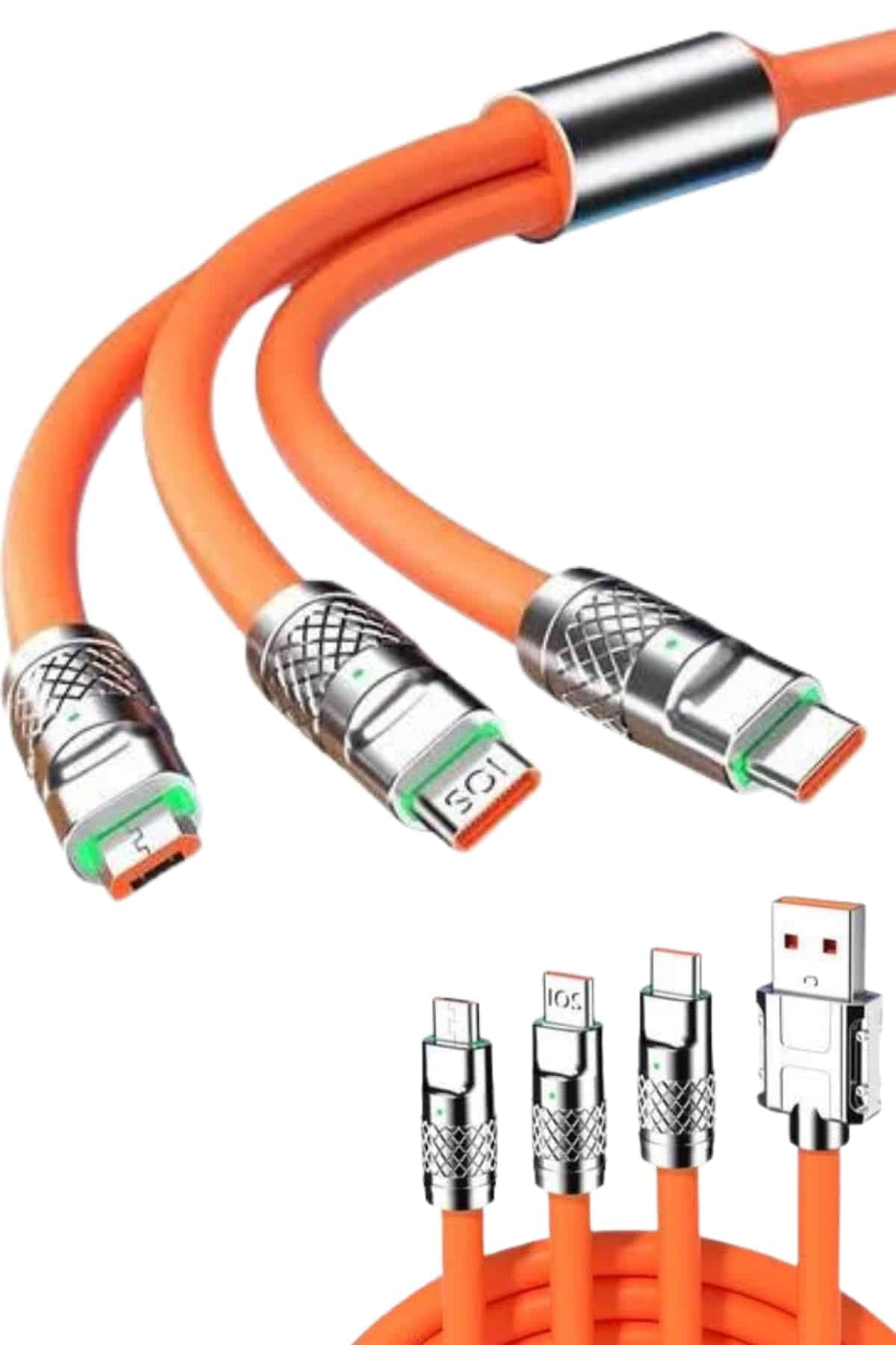120W 3'ü 1 Arada Uyumlu Silikon Hızlı Şarj Kablosu USB Type-C Dönen Başlık 3