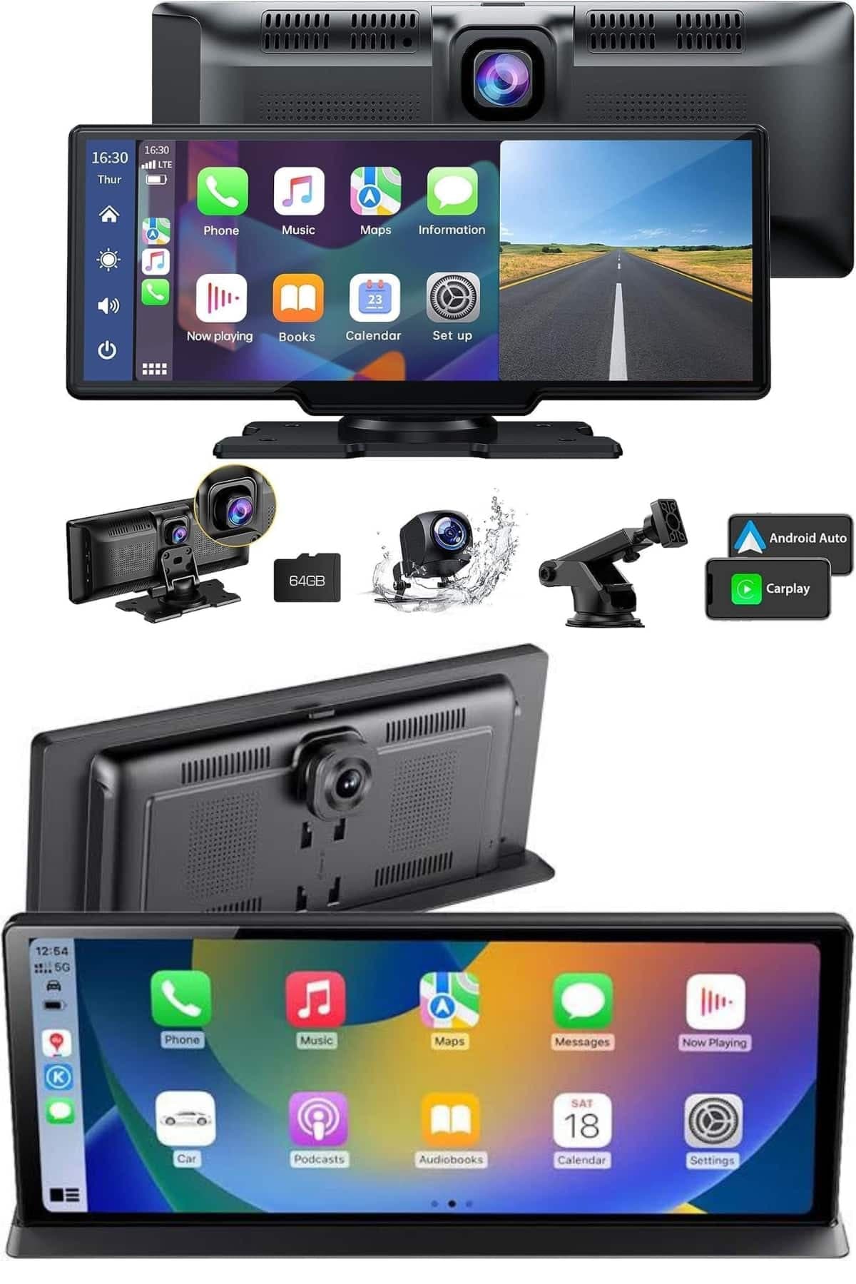 4K 10.2 İnç Çift Kameralı Araç Multimedya Ekranı CarPlay Kablosuz Tüm Cihazlara Uyumlu 3