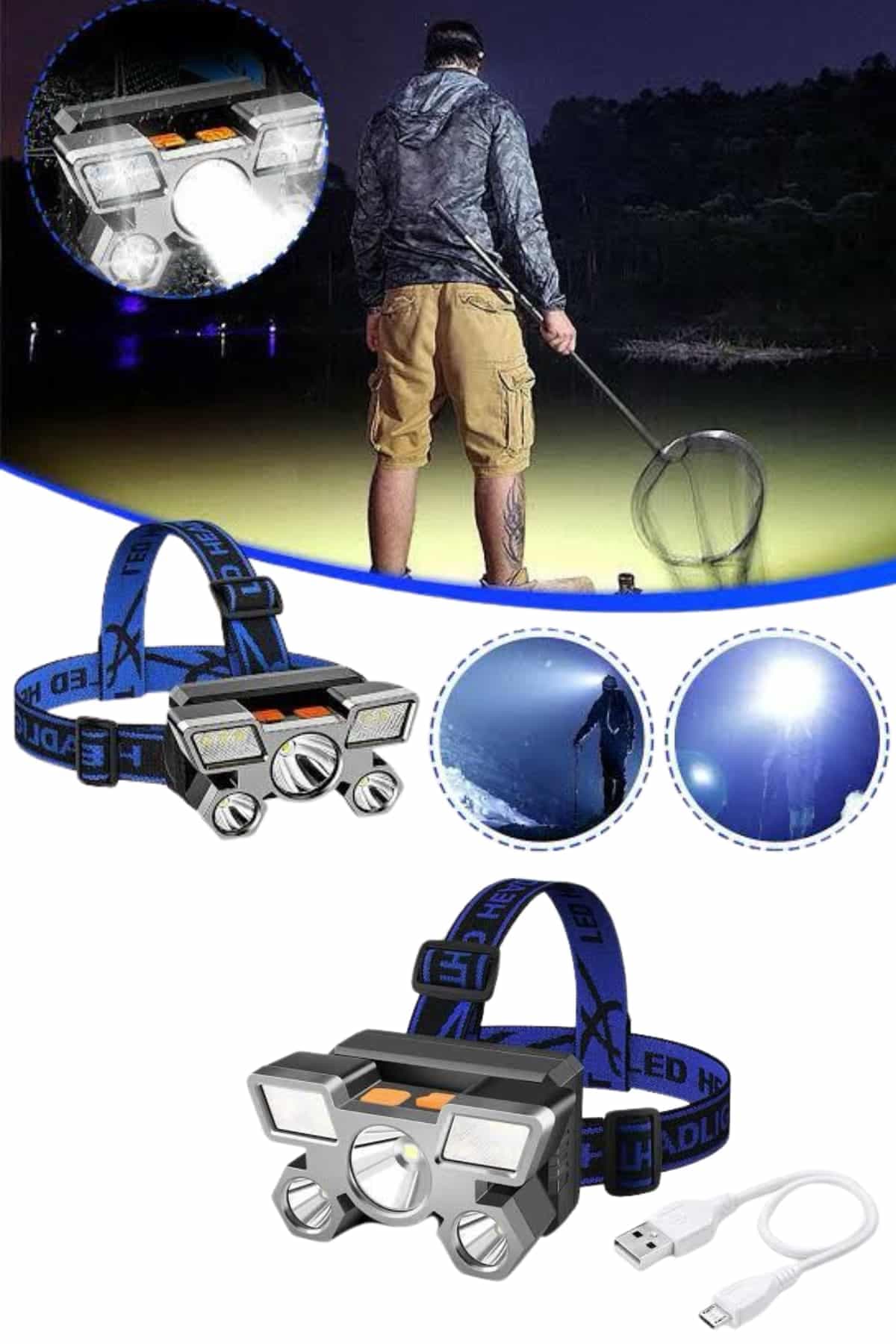 5 LED Far Şarj Edilebilir Güçlü Kafa Lambası Kamp Lambası 4 Modlu 4