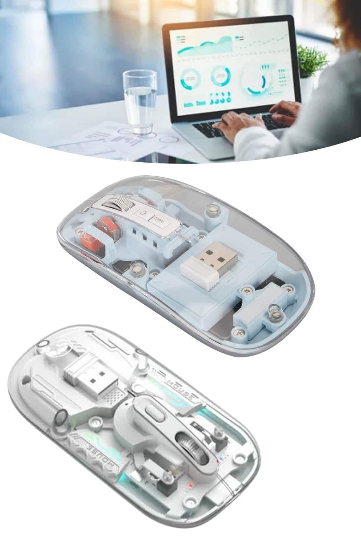 Sessiz Tıklama Çift Modlu Bluetooth Ve Alıcı Şeffaf Mouse Fare 4
