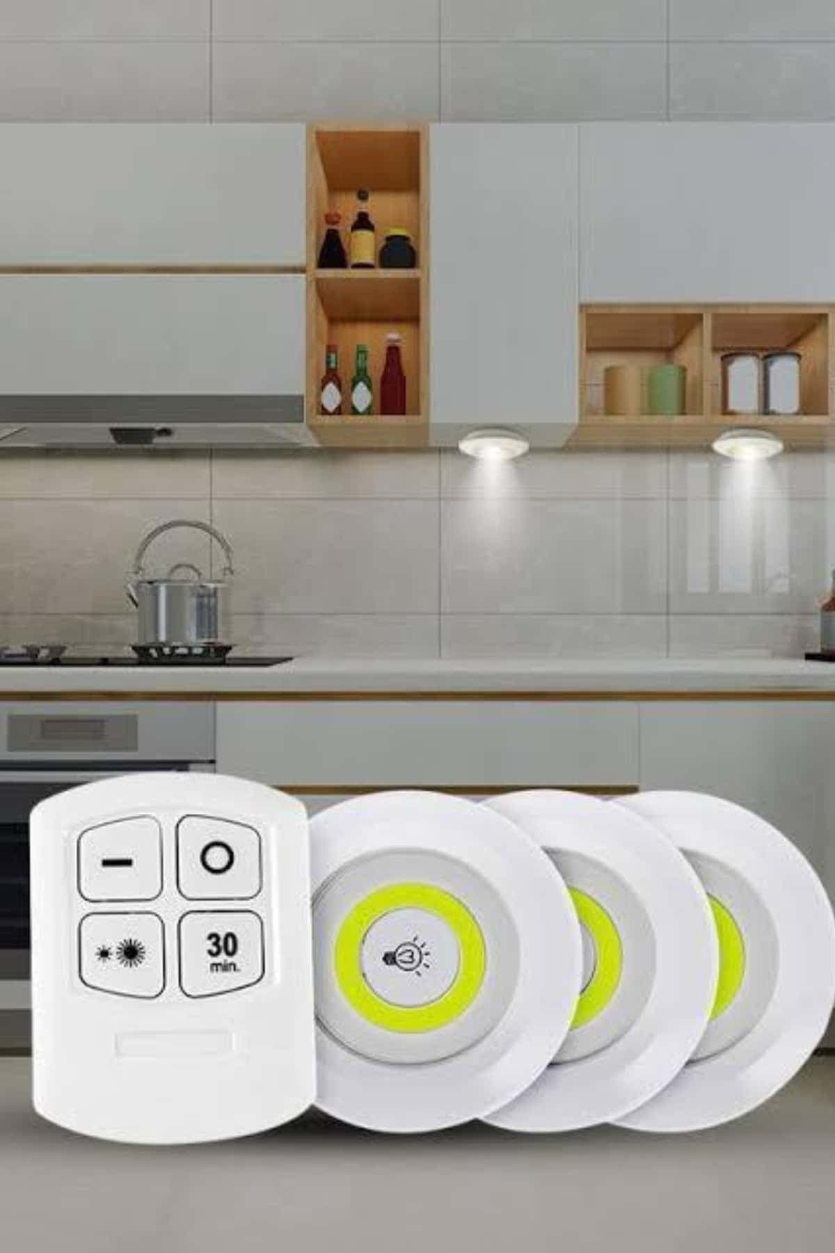 Yapışkanlı 3'lü Spot Led Işık Lamba Montajsız Pilli Uzaktan Kumandalı 4