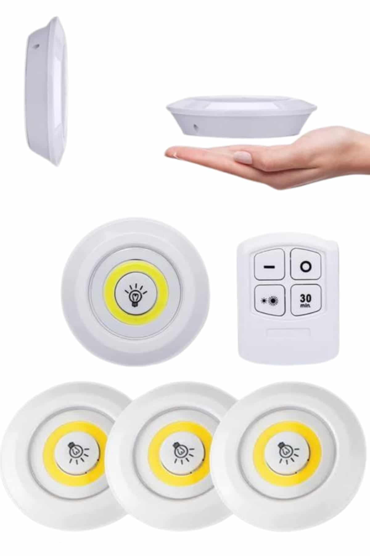 Yapışkanlı 3'lü Spot Led Işık Lamba Montajsız Pilli Uzaktan Kumandalı 5