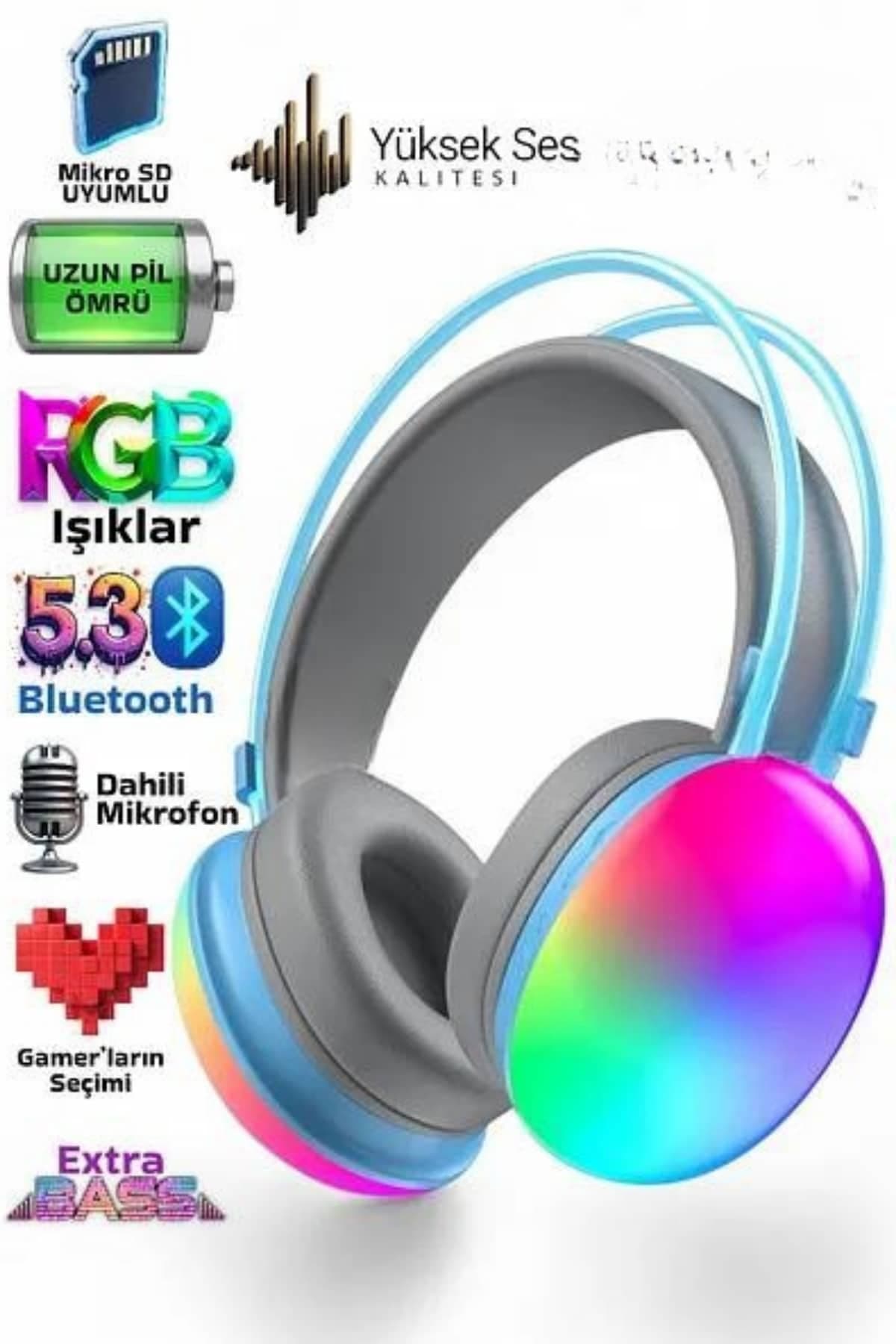 Yeni Nesil Kulak Üstü Kablosuz Uzun Ömürlü RGB Işıklı Bluetooth Kulaklık 5