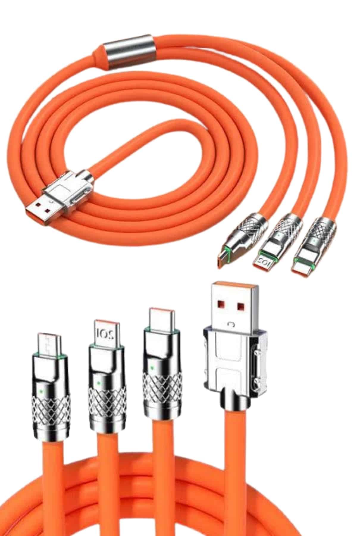 120W 3'ü 1 Arada Uyumlu Silikon Hızlı Şarj Kablosu USB Type-C Dönen Başlık 6