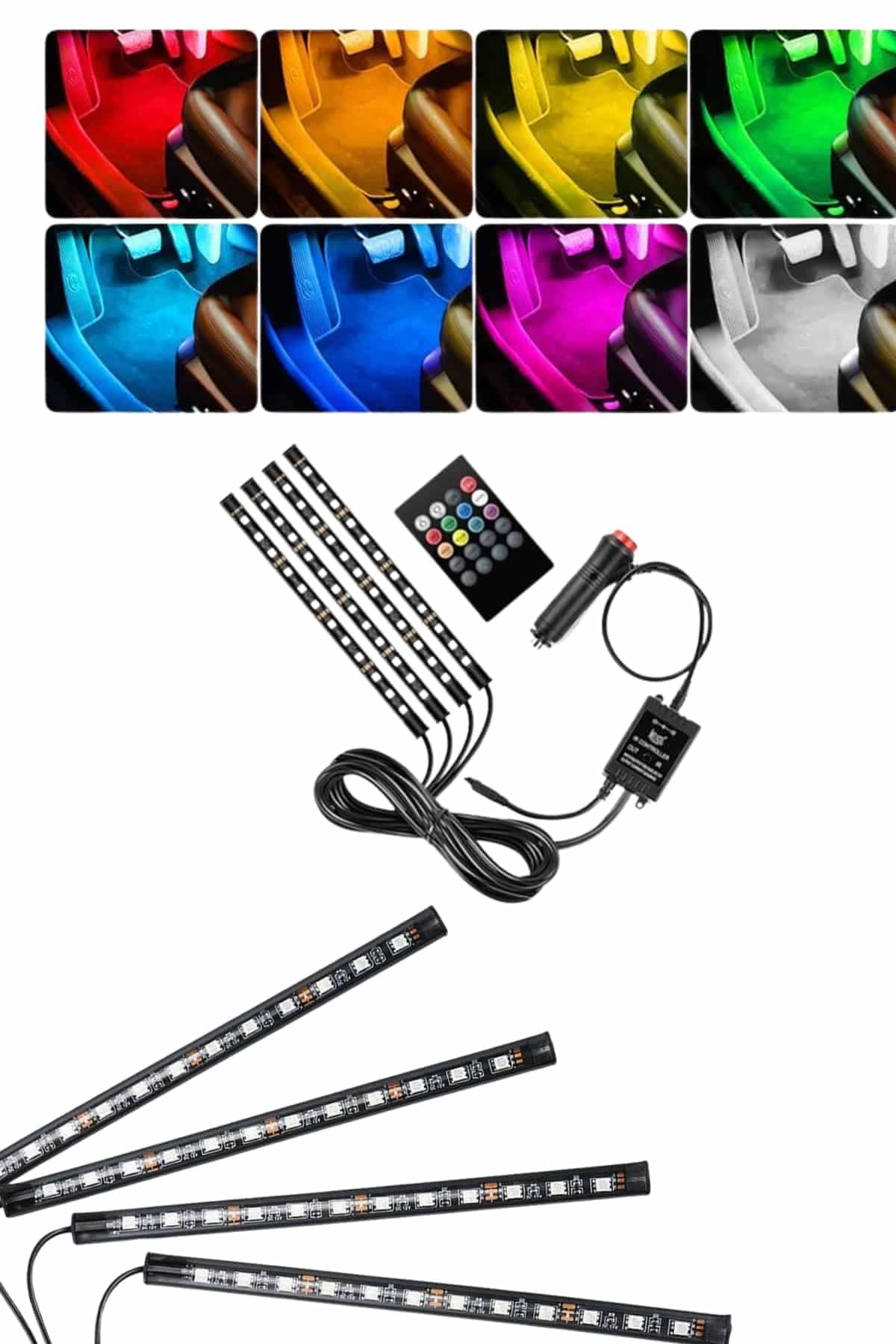 RGB Işıklı Araç İçi Aydınlatma Kumandalı 12'li Led Işık Renk Değiştirebilen 3