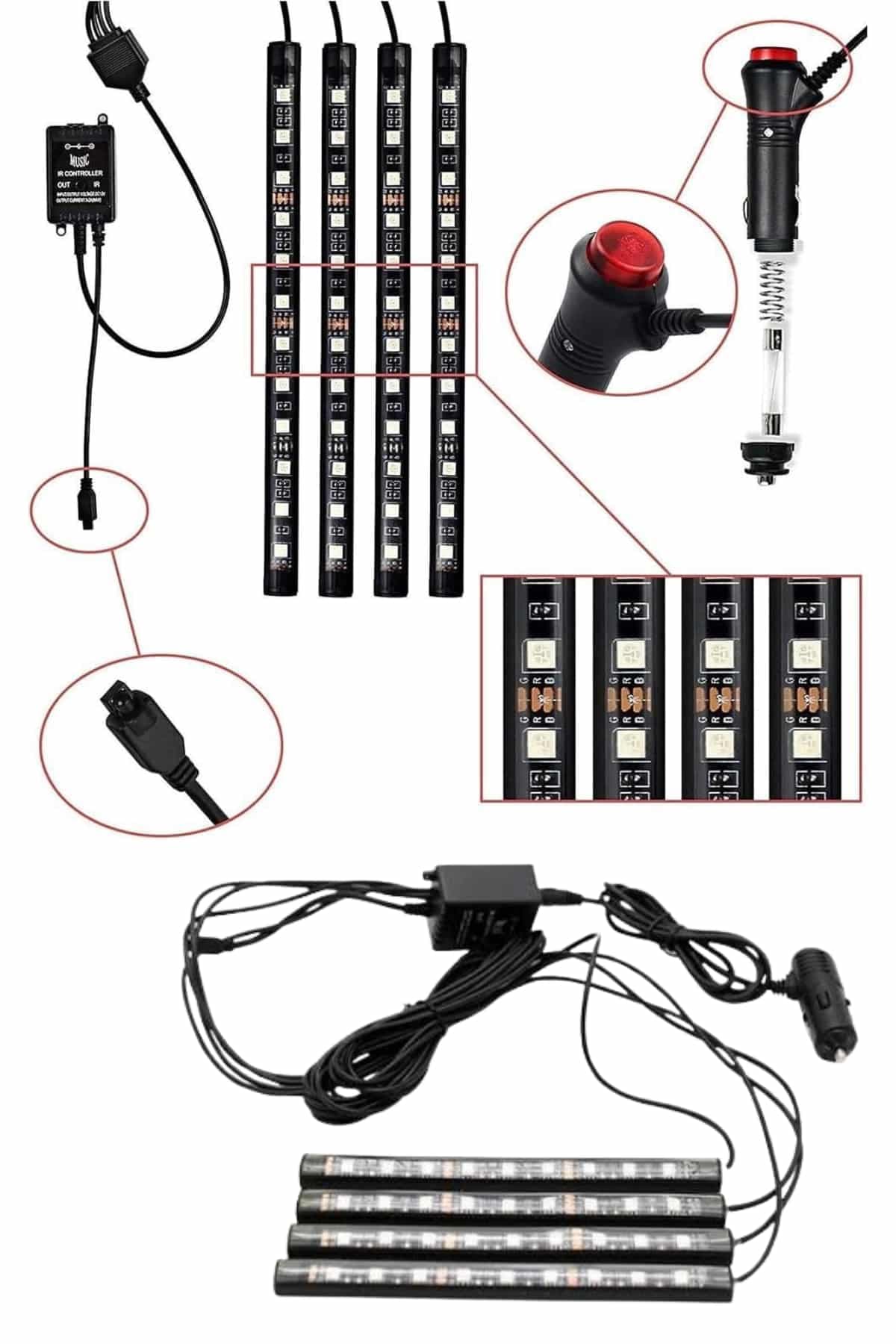 RGB Işıklı Araç İçi Aydınlatma Kumandalı 12'li Led Işık Renk Değiştirebilen 4