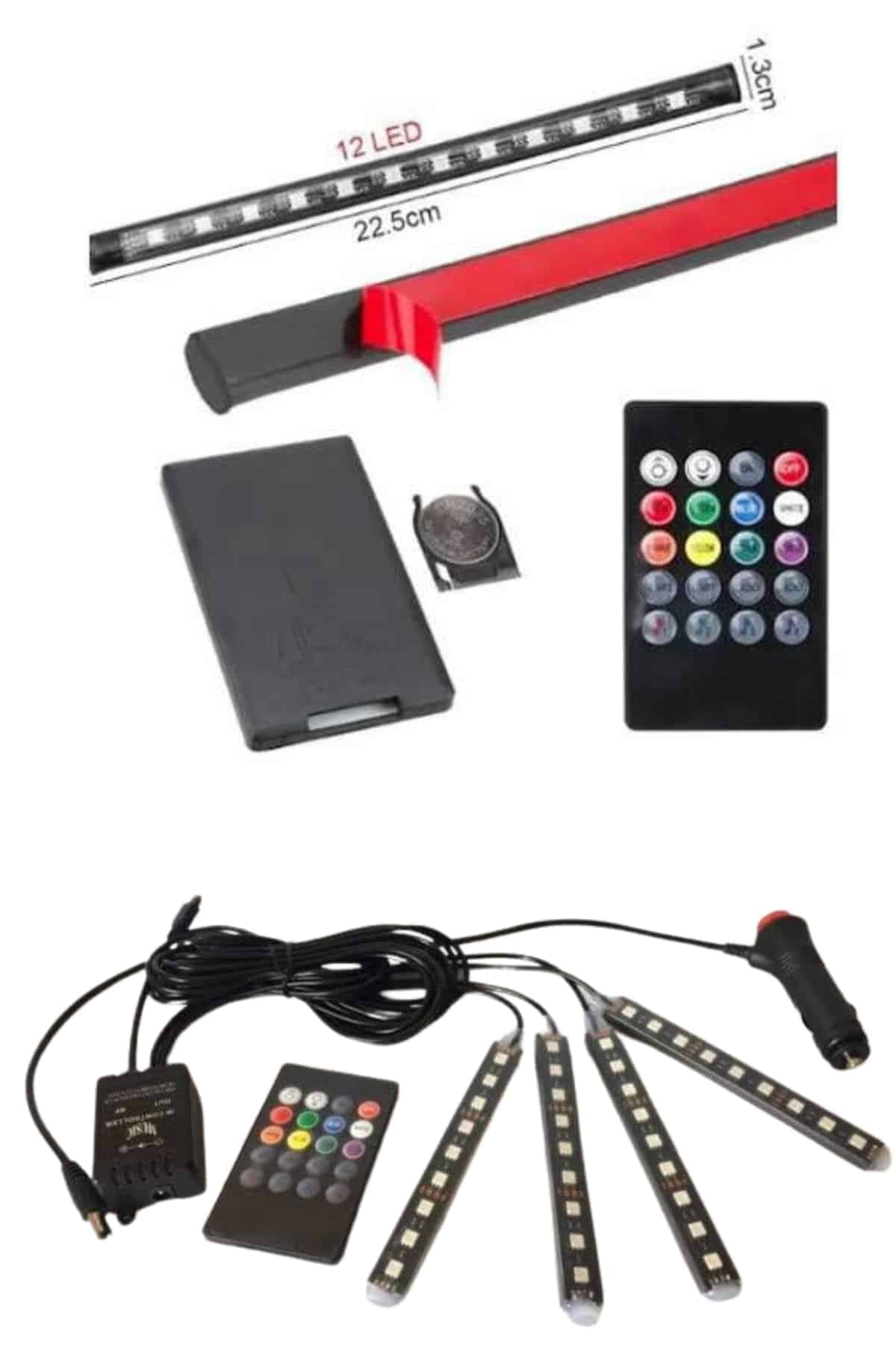 RGB Işıklı Araç İçi Aydınlatma Kumandalı 12'li Led Işık Renk Değiştirebilen 5