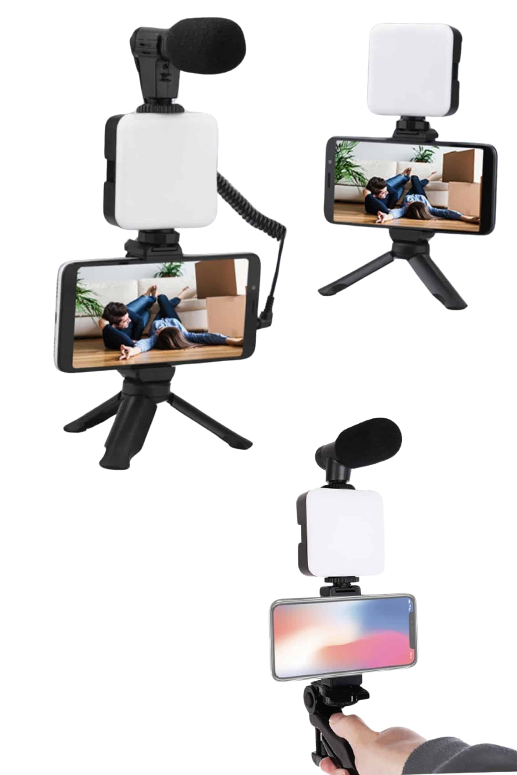 Akıllı Telefon Vlog Kiti Tripod Mini Mikrofonlu Telefon Tutucu 5