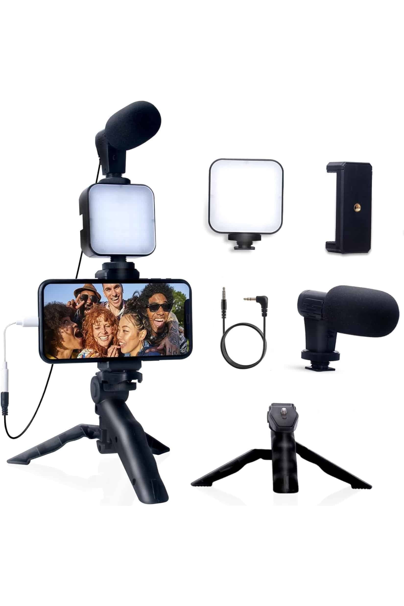Akıllı Telefon Vlog Kiti Tripod Mini Mikrofonlu Telefon Tutucu 6