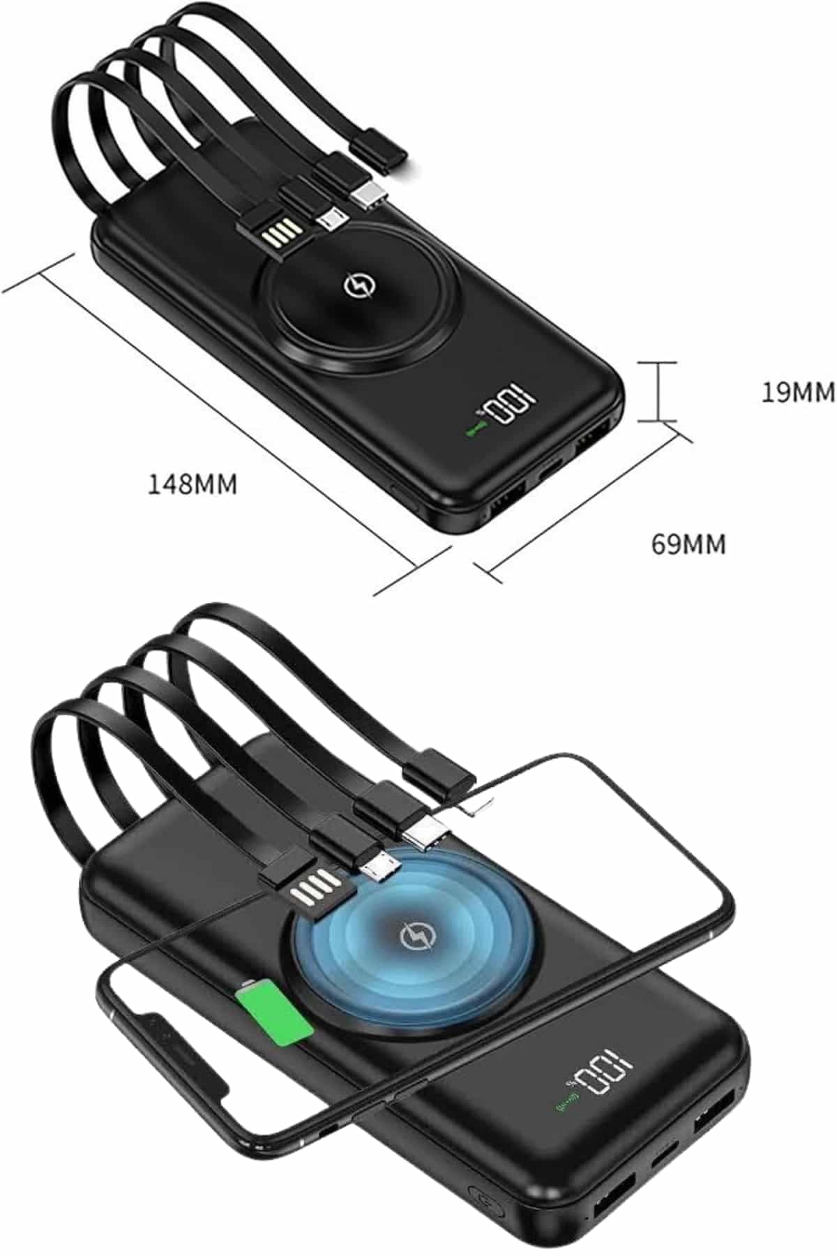 Wireless Powerbank 10000 Mah LED Ekranlı Dahili Kablolu Hızlı Şarj 6