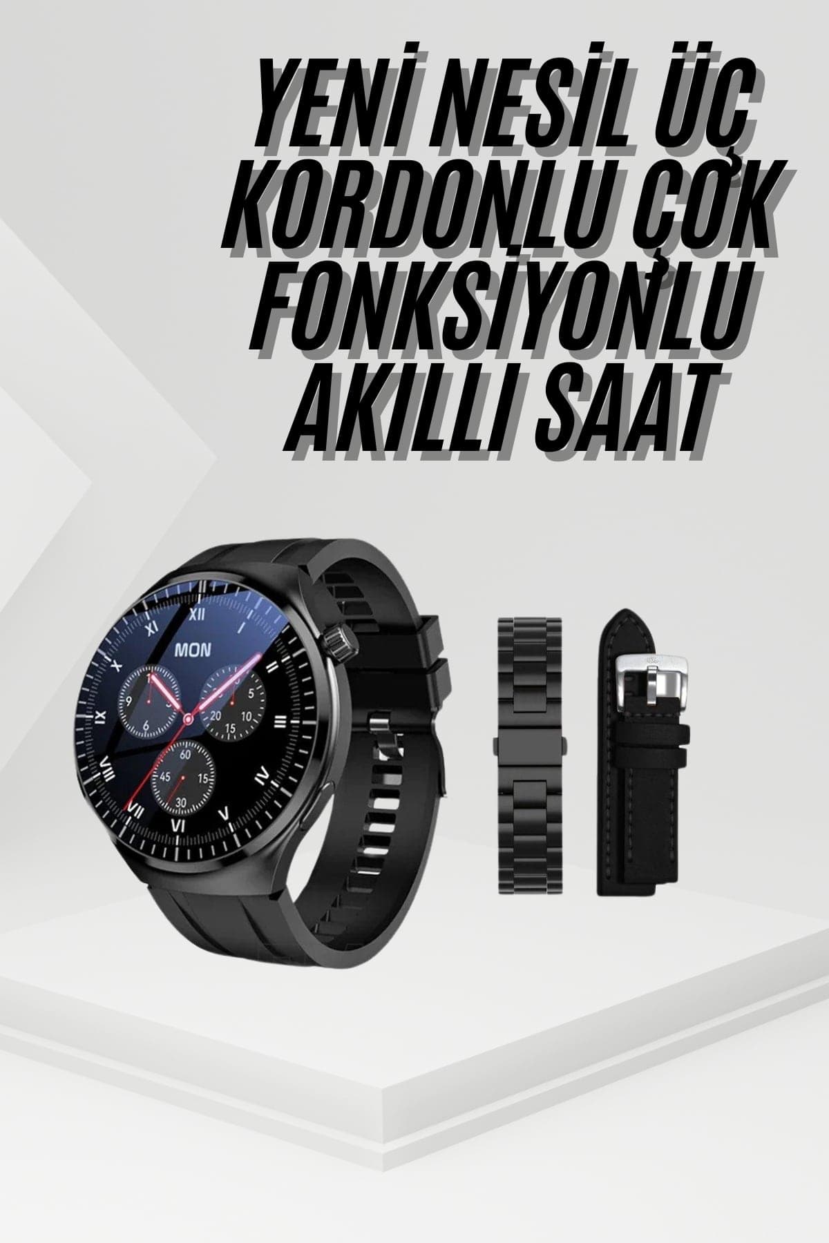 Amoled Ekran Metal Deri Silikon Kordonlu Akıllı Saat Uyku ve Sağlık Takibi