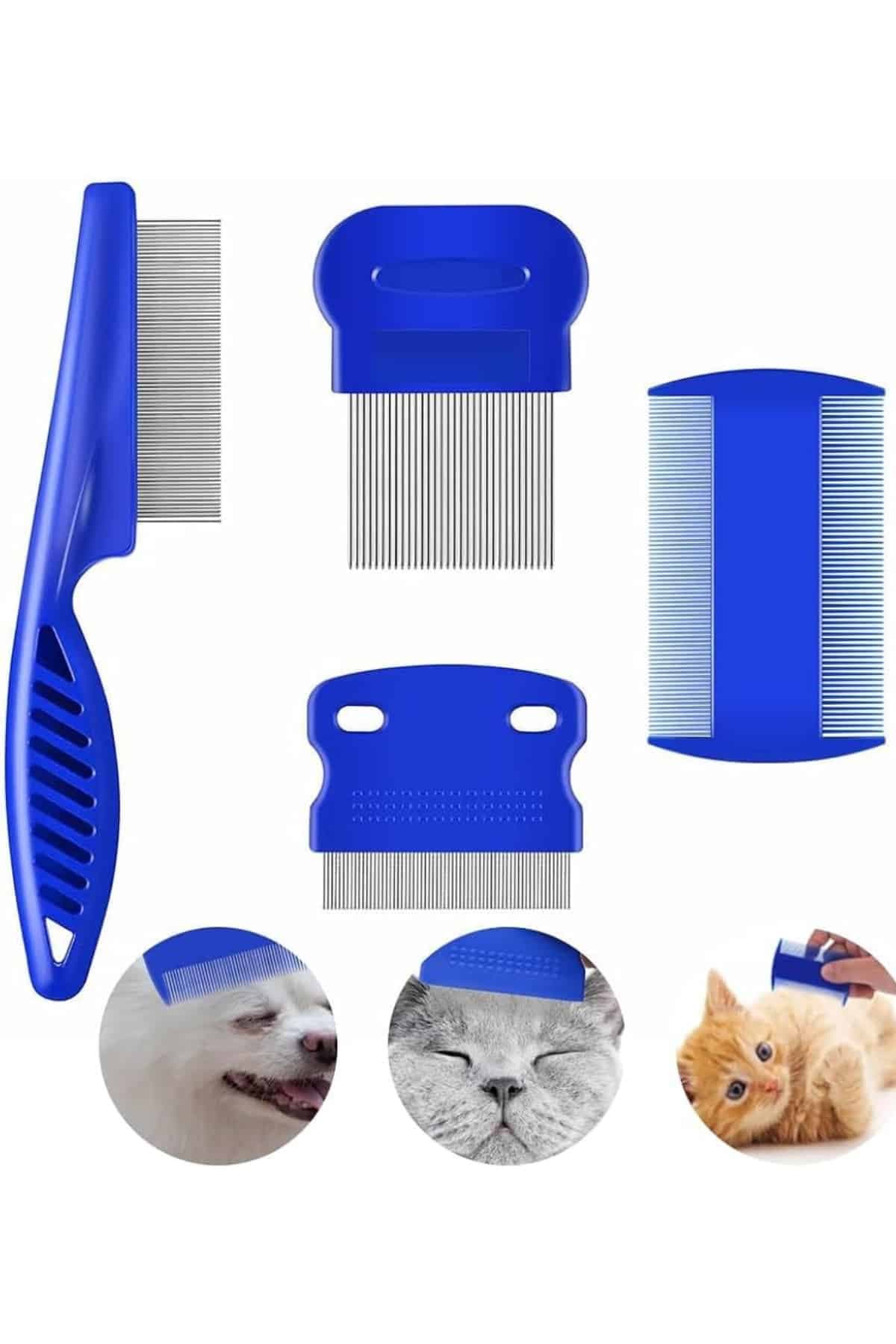 4'lü Bit Pire Tarağı Set Kedi Köpek Evcil Hayvan Tüy Toplayıcı Mavi 3