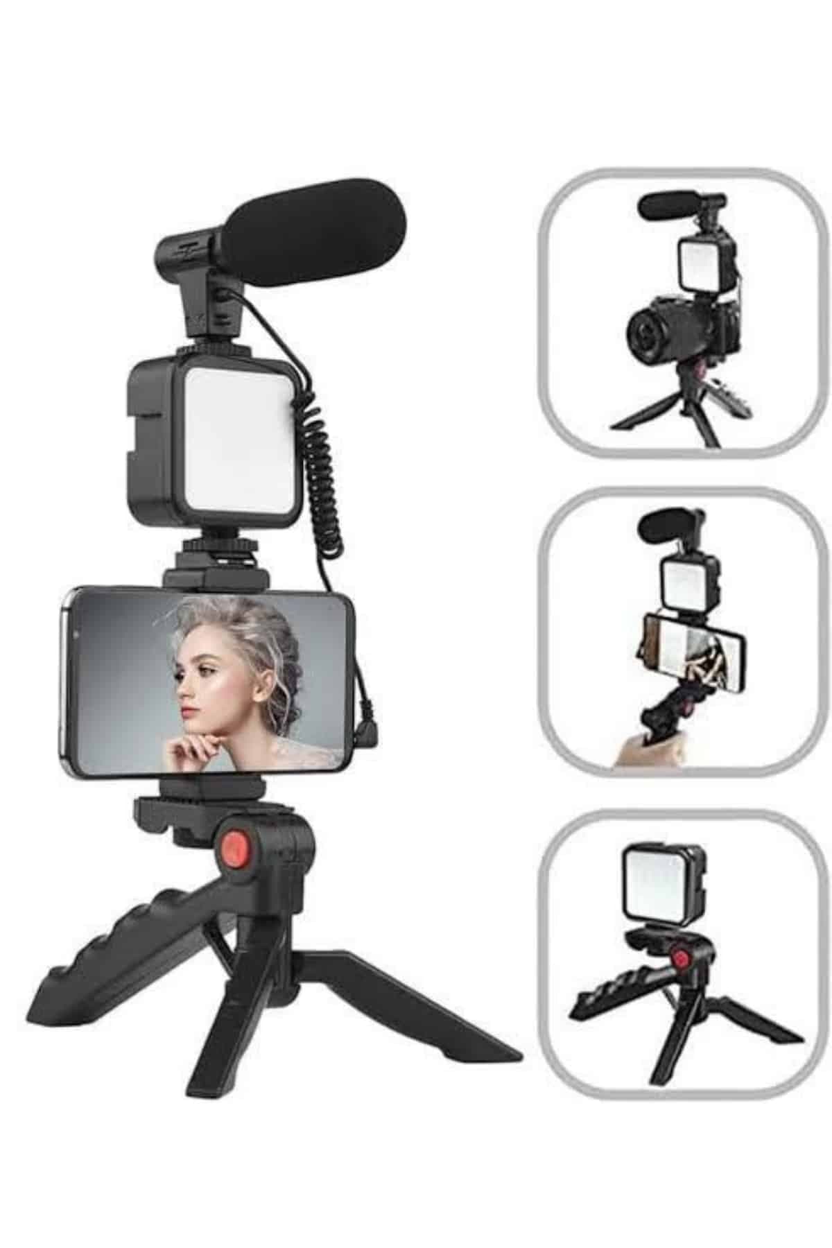 Tripod Telefon Tutucu Kumandalı Mikrofon Led Işık Vlog Video Kayıt 4
