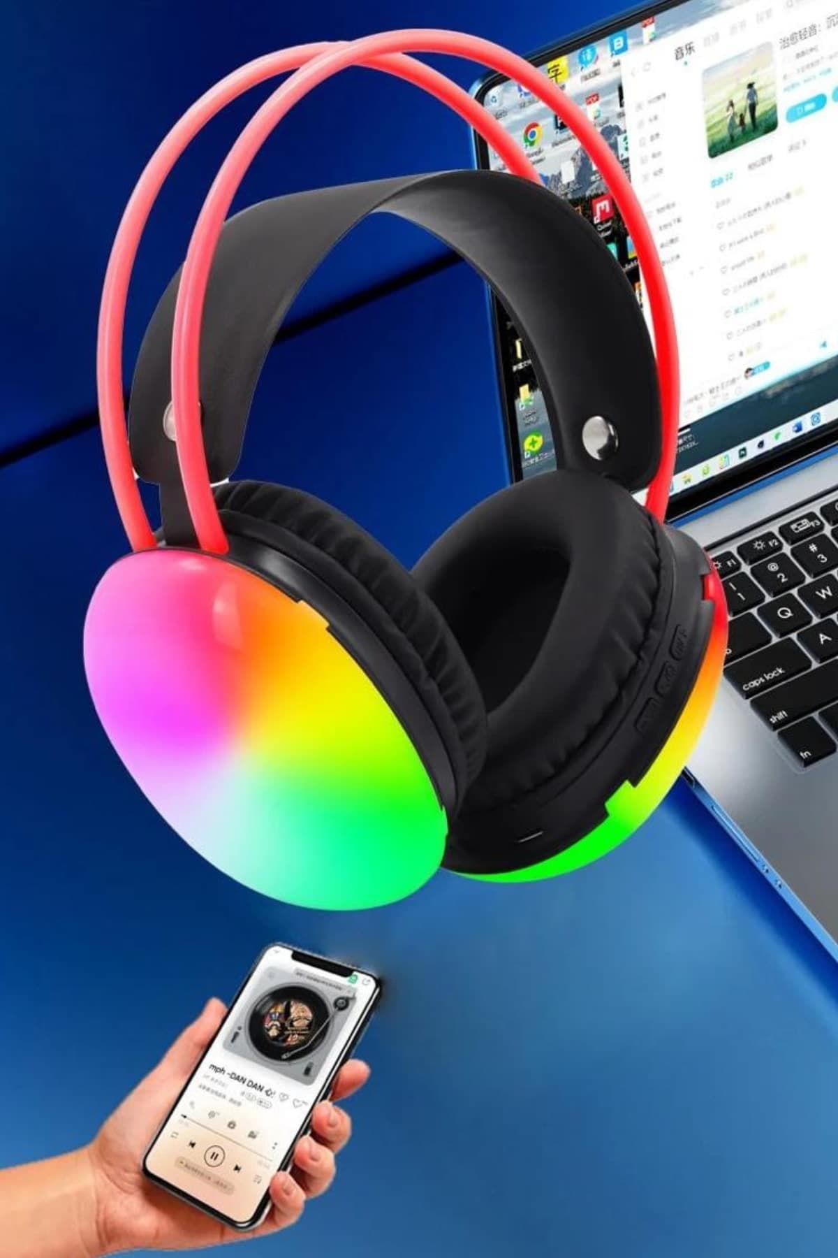 Kulak Üstü Kablosuz Bluetooth Kulaklık Unısex Renkli Işıklı Kulaklık 5