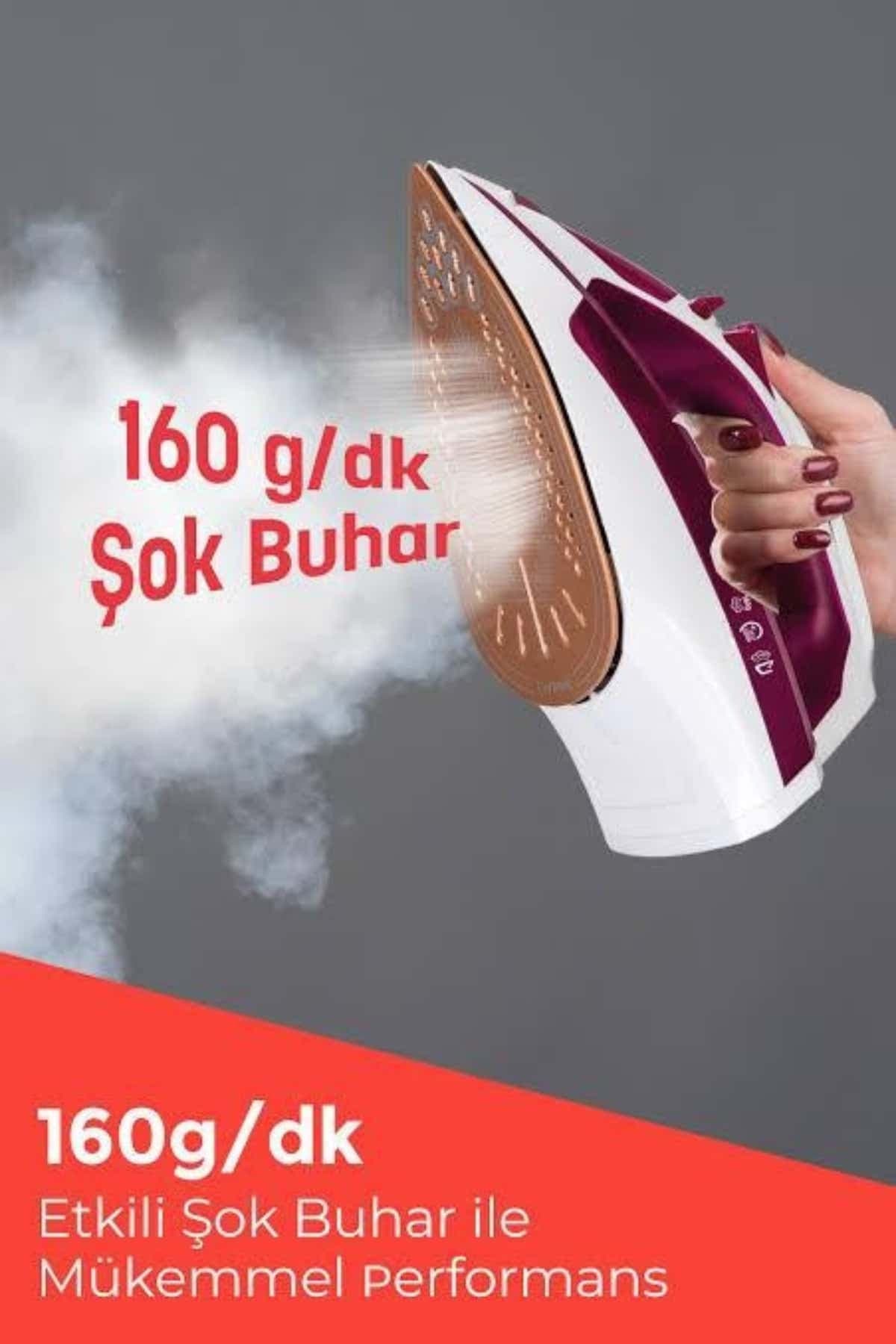 Seramik Tabanlı Kırmızı 2200 Watt Şok Buharlı Ütü 5