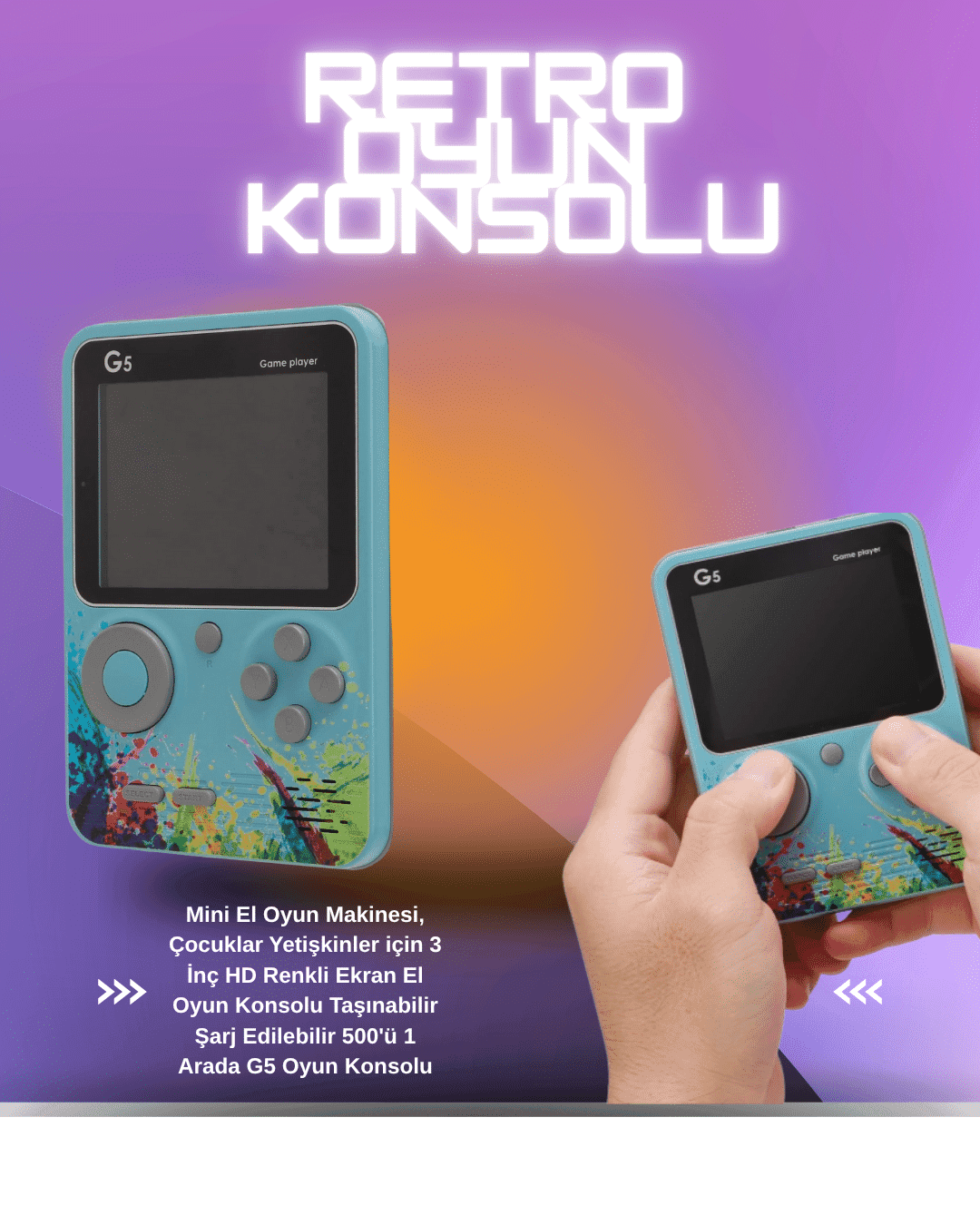 G5-Ateri 3 İnç Renkli LCD Ekranlı Taşınabilir Oyun Konsolu, USB Şarjlı