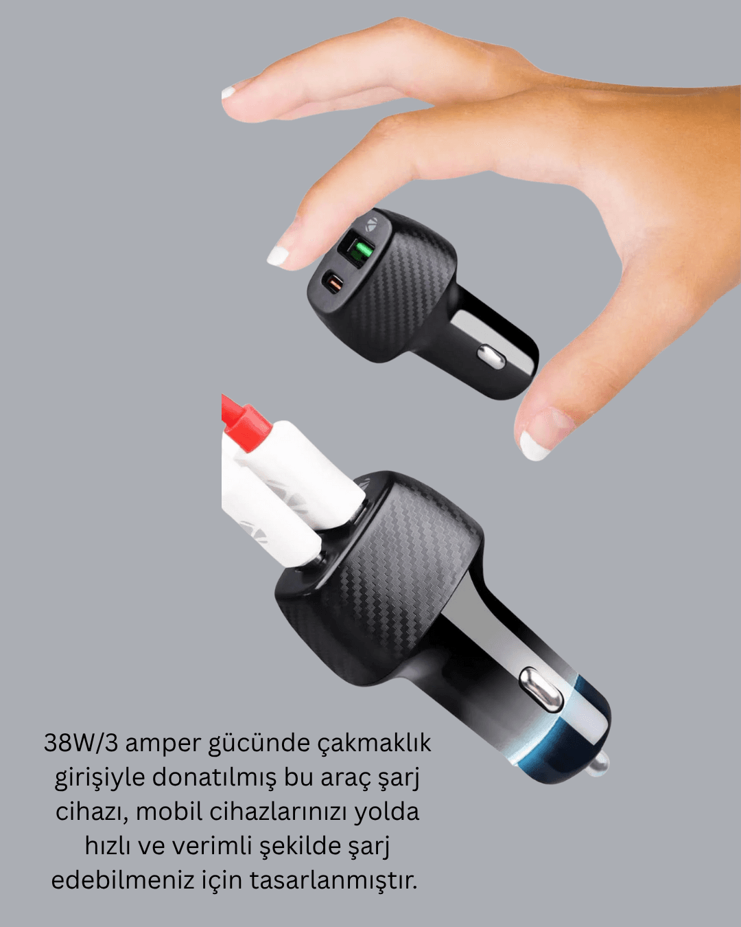 Kompakt Tasarımlı Type-C + USB Girişli Araç Şarj Başlığı 3