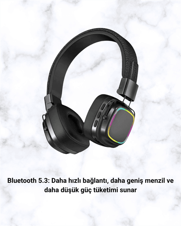 Bluetooth 5.3 Rainbow Işıklı Kulak Üstü Kablosuz Kulaklık 4