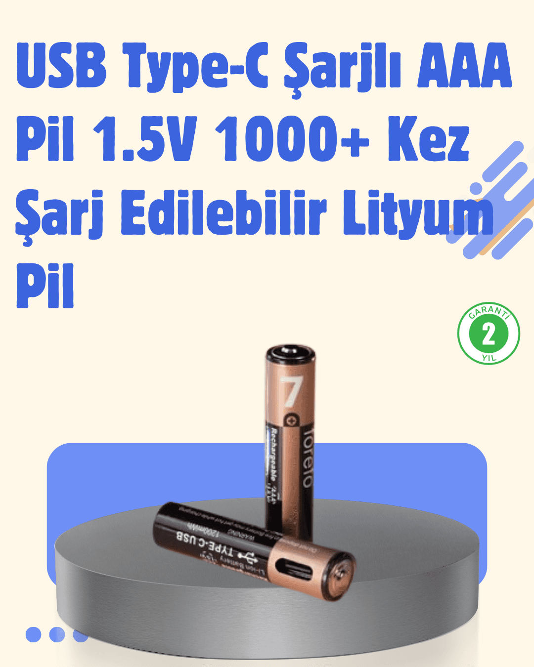 USB Type-C Şarjlı AAA Lityum Pil 1000+ Şarj Döngüsü Uzun Ömürlü