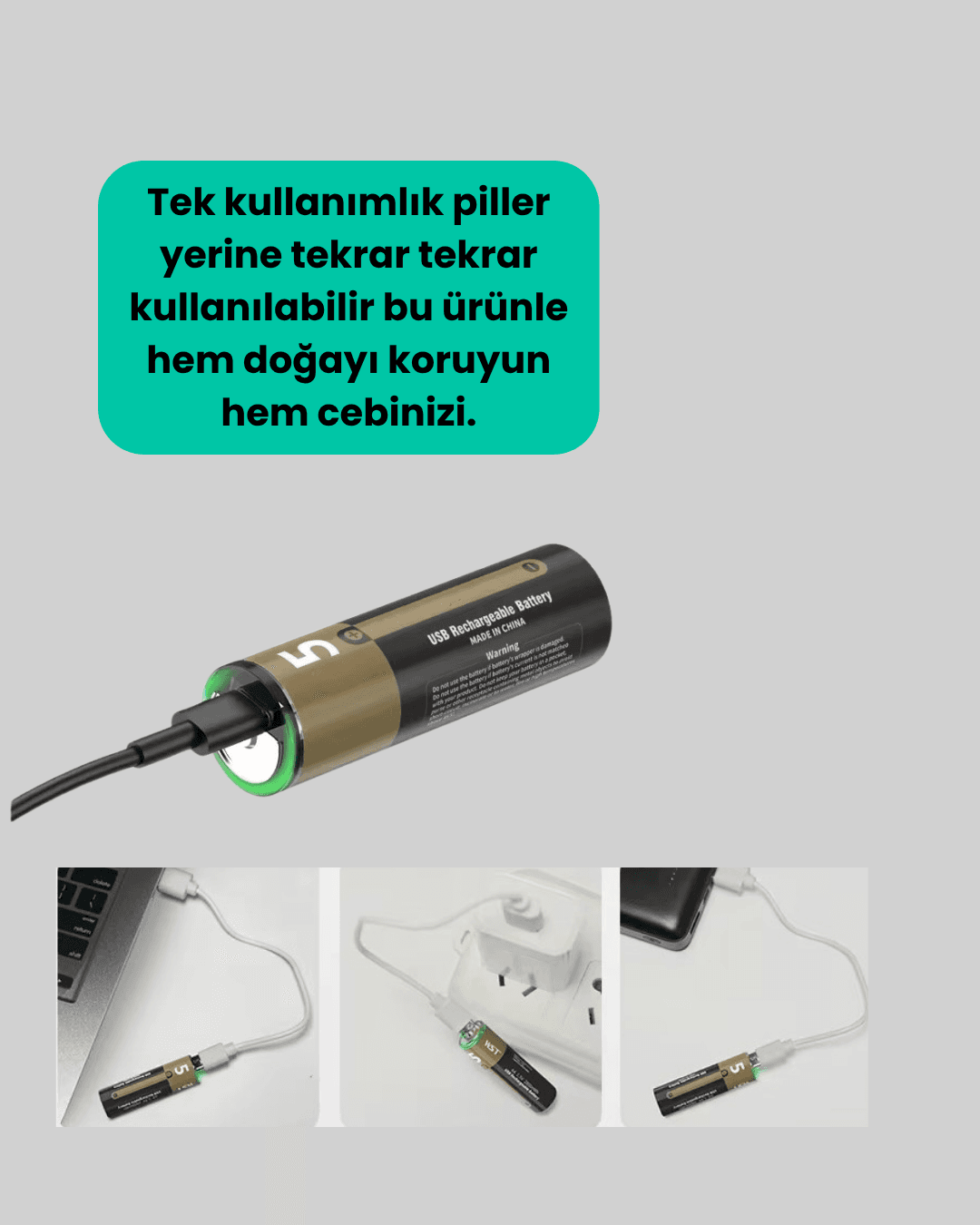 Tekrar Şarj Edilebilir AA USB Type-C Pil | 1000+ Döngü | 1.5V Sabit Voltaj 3