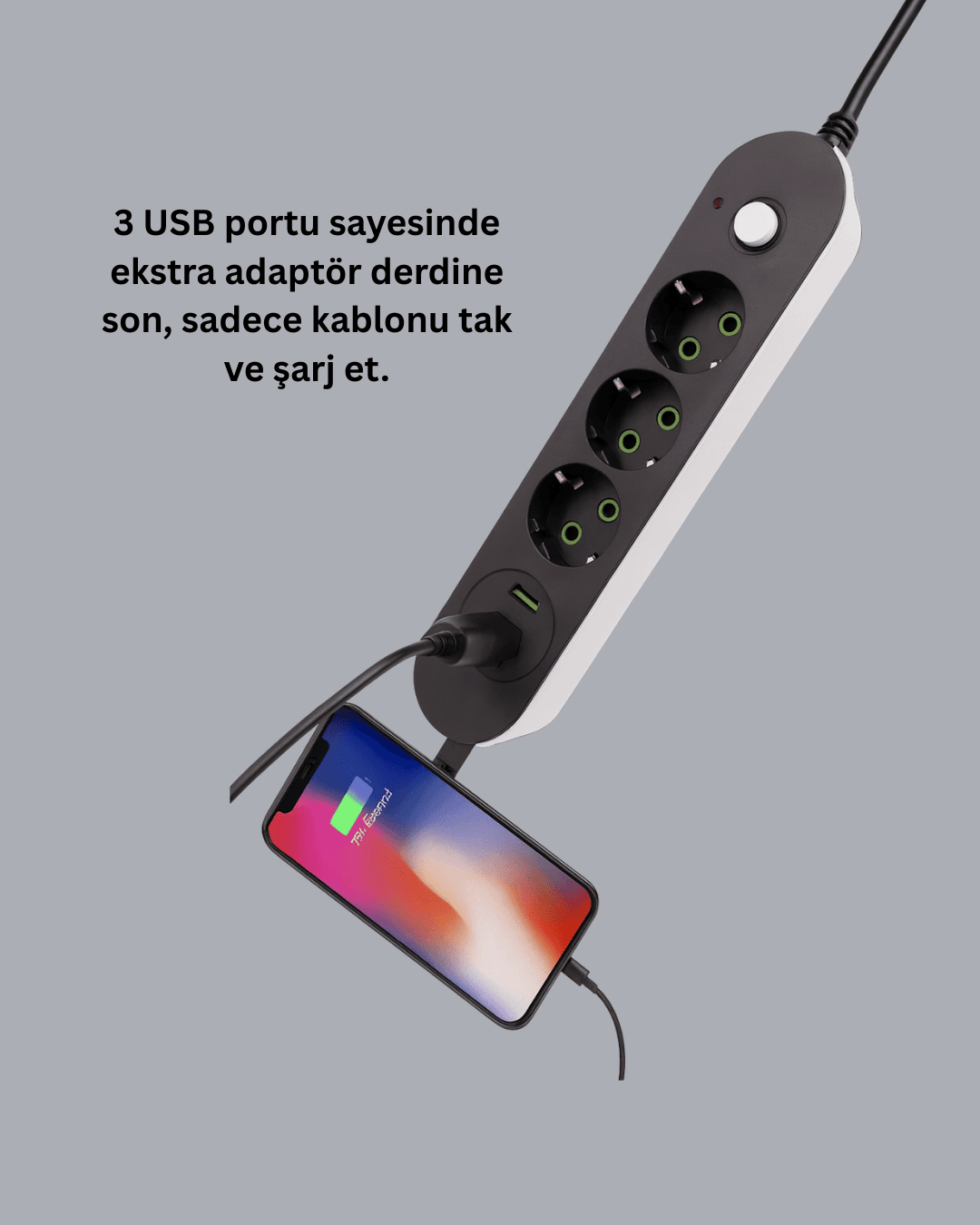 Akım Korumalı Anahtarlı USB Girişli Üçlü Priz 6