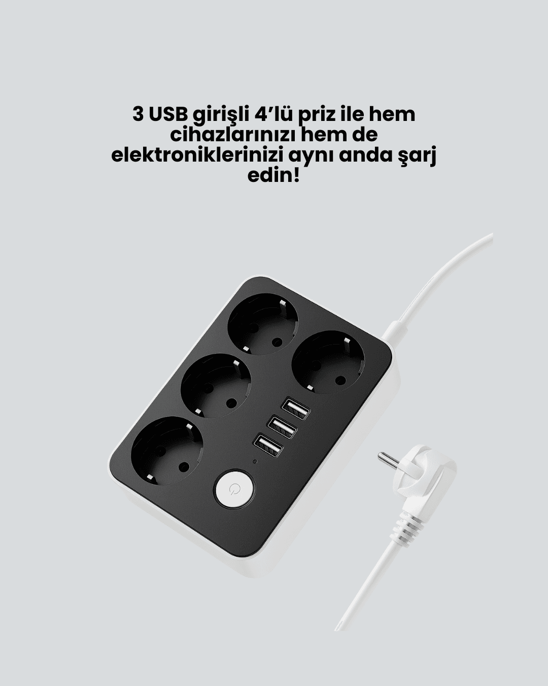 3 USB Çıkışlı 4’lü Akıllı Priz 2500W 2 Metre Kablo 3