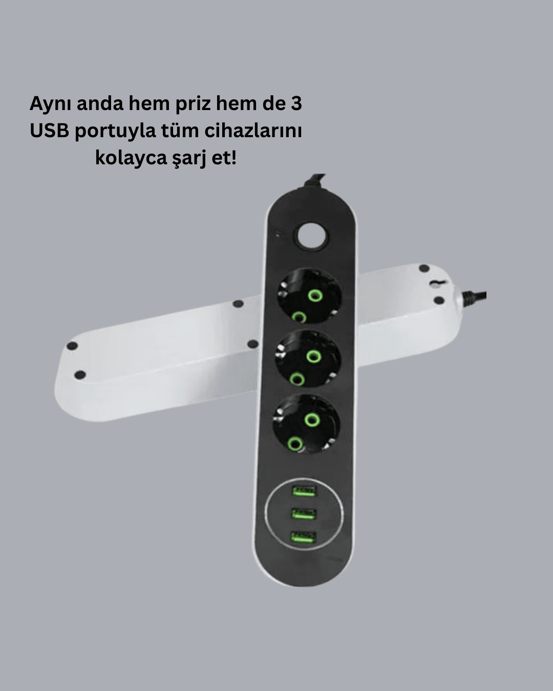Akım Korumalı Anahtarlı USB Girişli Üçlü Priz 3