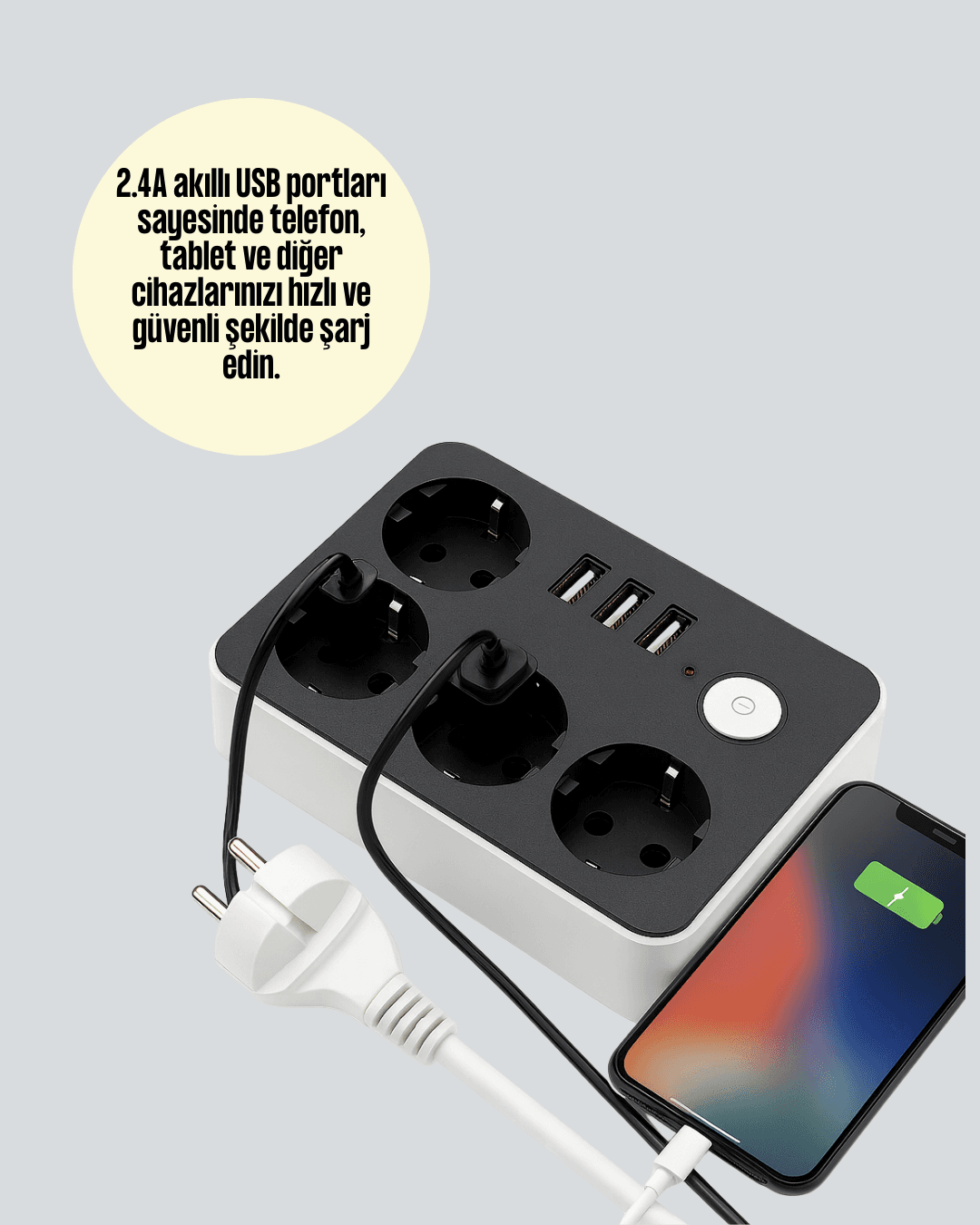 3 USB Çıkışlı 4’lü Akıllı Priz 2500W 2 Metre Kablo 4