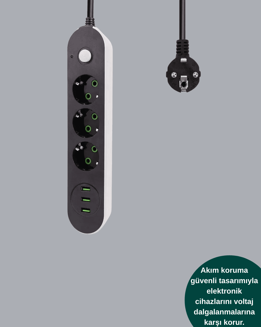 Akım Korumalı Anahtarlı USB Girişli Üçlü Priz 4