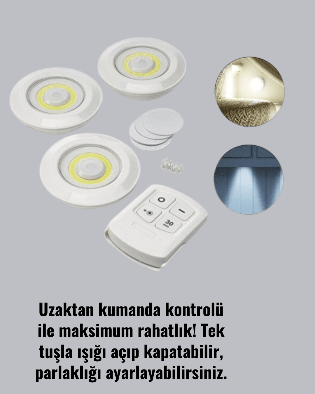 3 Lü Pilli Kablosuz Led Spot Lamba Seti Kumandalı Kolay Montaj Aydınlatma 4