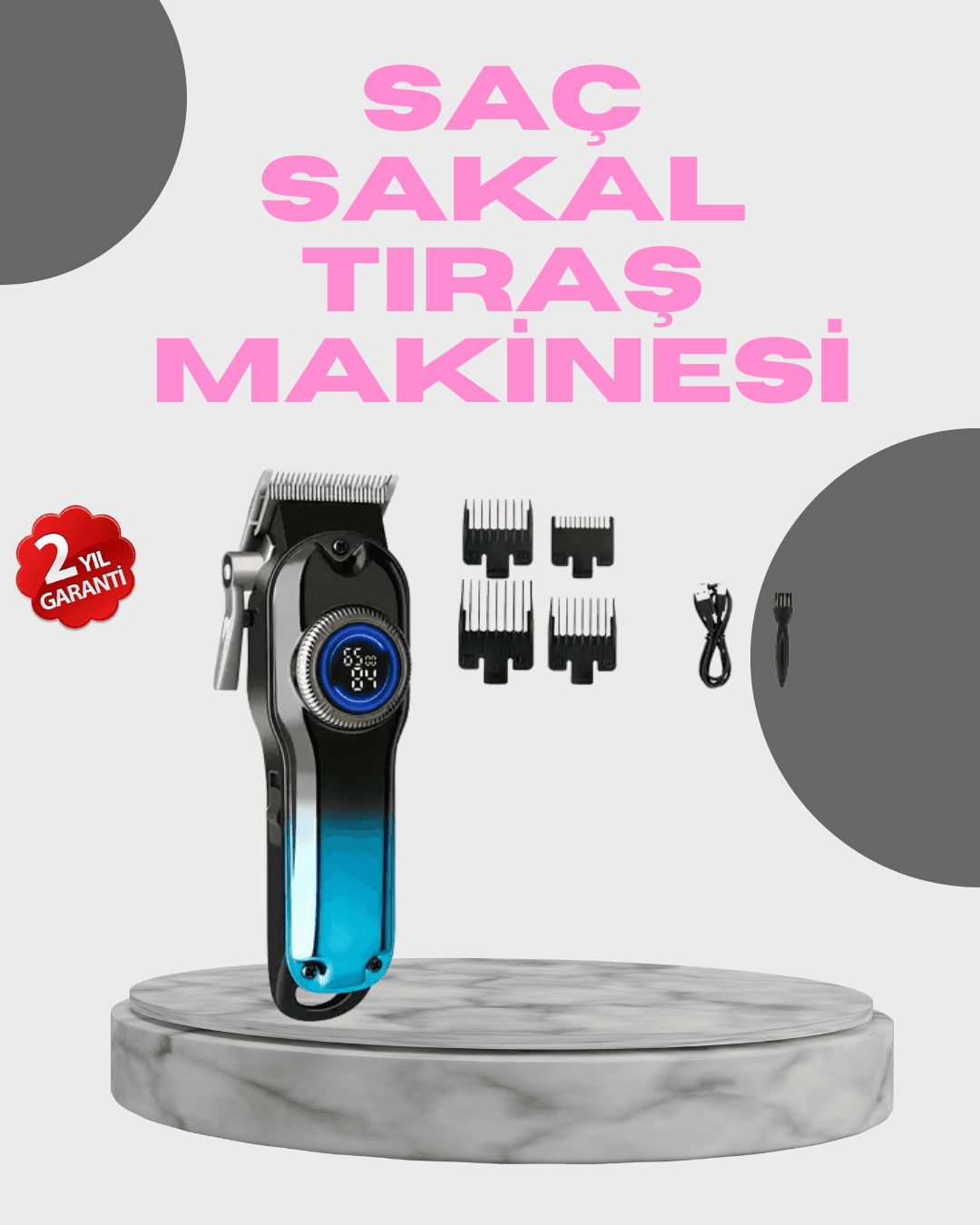 Profesyonel Saç Kesme Makinesi – 2000 mAh Şarjlı, LCD Ekranlı