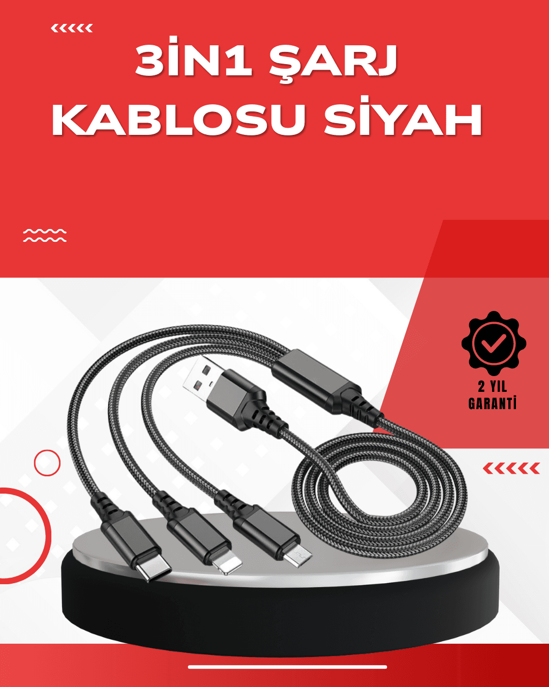 Dayanıklı Metal Başlıklı 3’ü 1 Arada Şarj Kablosu – Tüm Cihazlarla Uyumlu