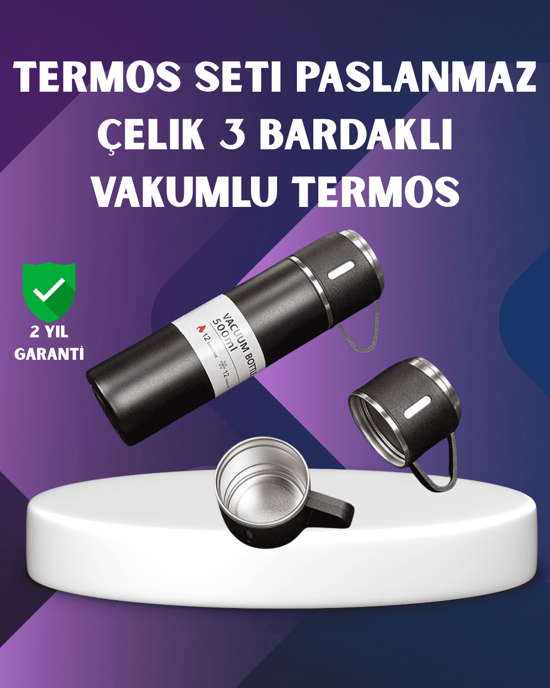 Paslanmaz Termos ve İkili Bardak Seti | 6-12 Saat Sıcak/Soğuk Tutma