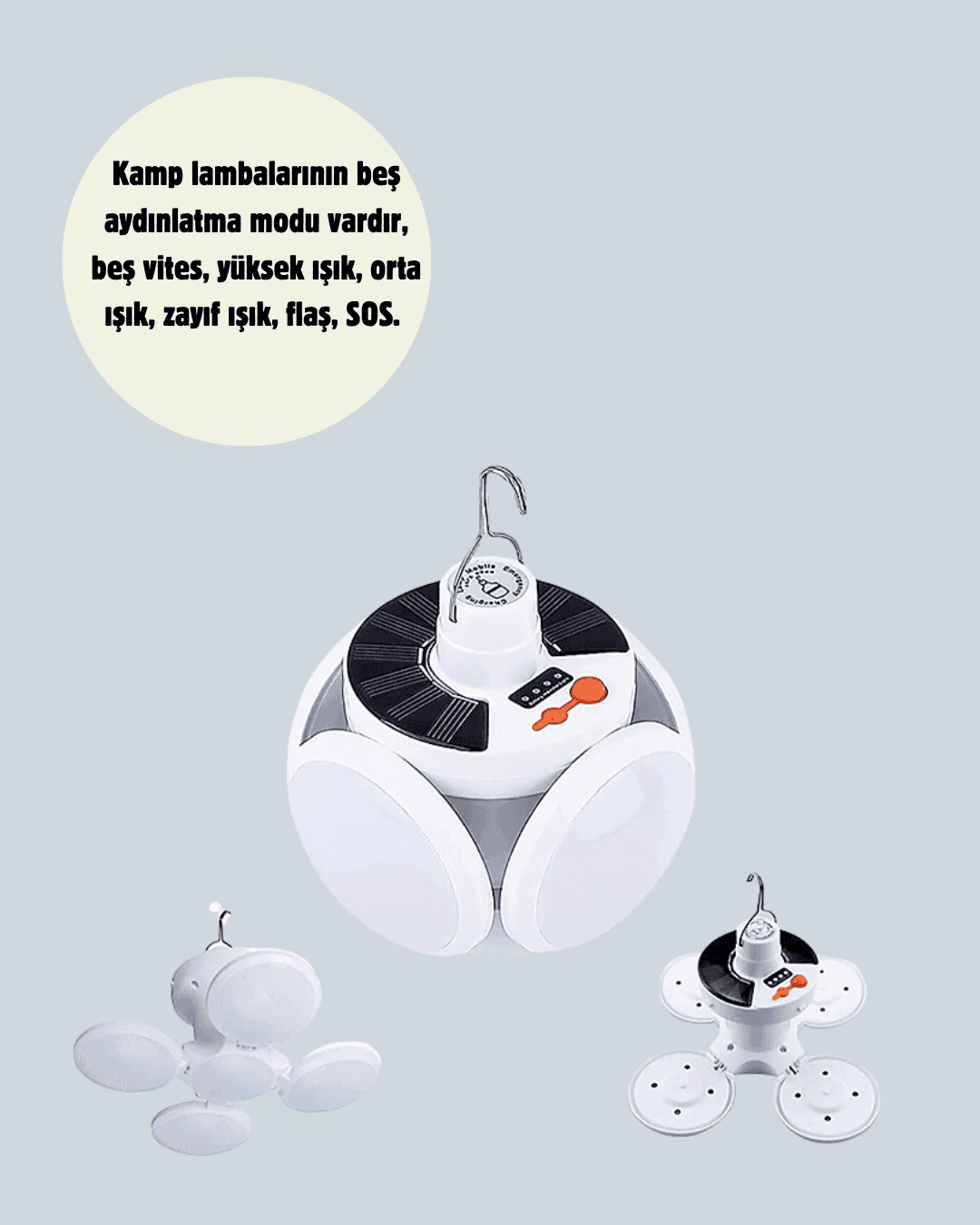 Güneş Paneliyle Şarj Olan Katlanabilir LED Çadır Lambası – 5 Kademeli Aydınlatma 3
