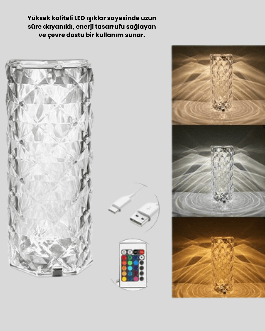 Kristal RGB LED’li Kumandalı Masa ve Gece Lambası – Renkli Işık Modlarıyla Şık Dekoratif Aydınlatma 4
