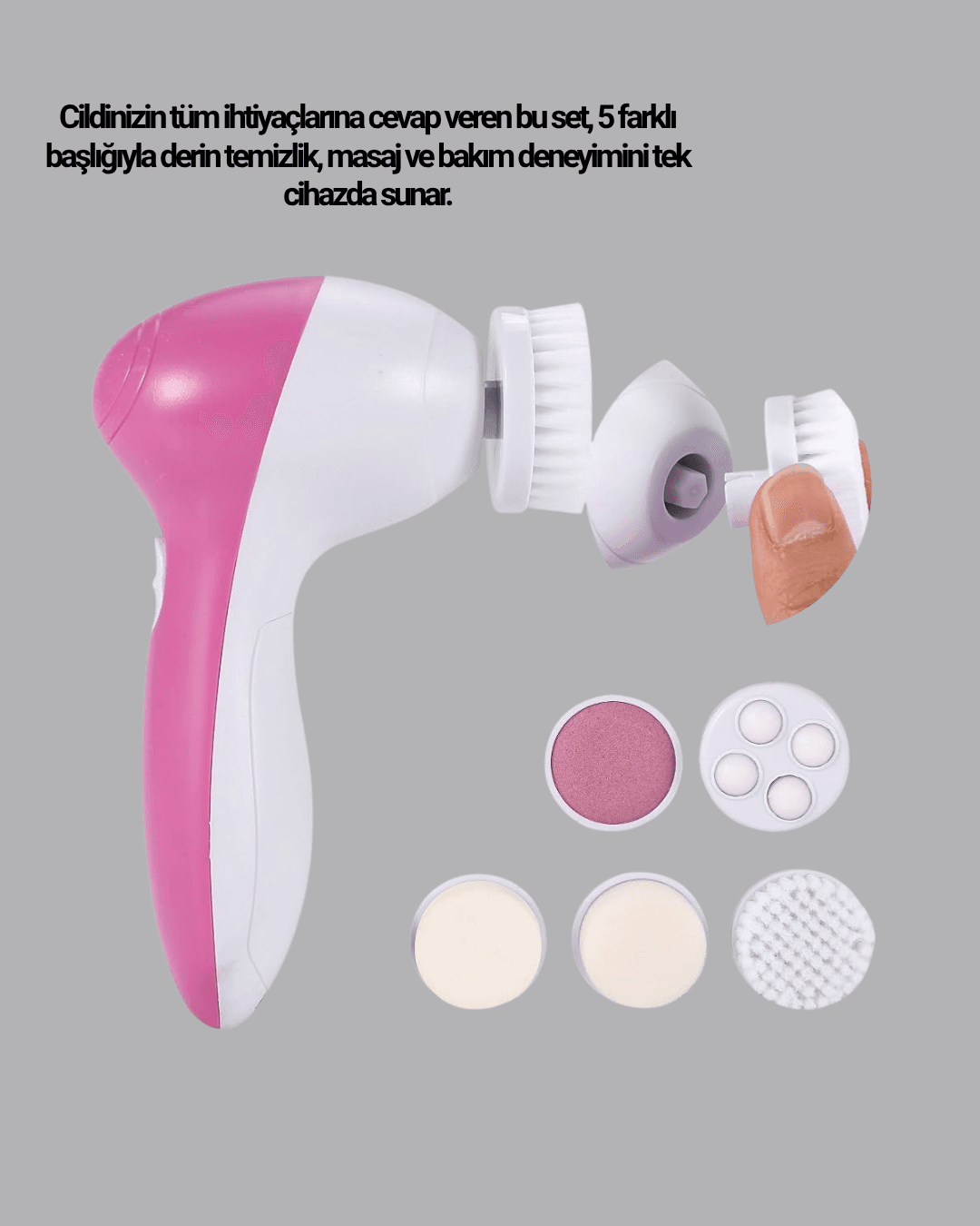 5’i 1 Arada Yüz Temizleme Cihazı – Masaj, Fırça, Peeling ve Krem Uygulama Aparatlı 4