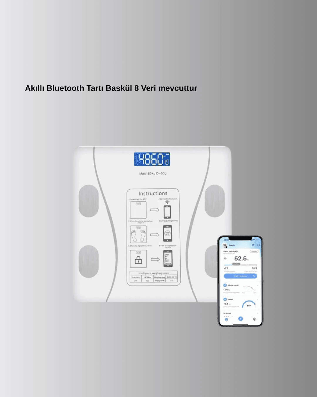 Akıllı Dijital Baskül – Bluetooth Bağlantılı, 8 Ölçüm Verili, Akıllı Vücut Analiz Tartısı 4